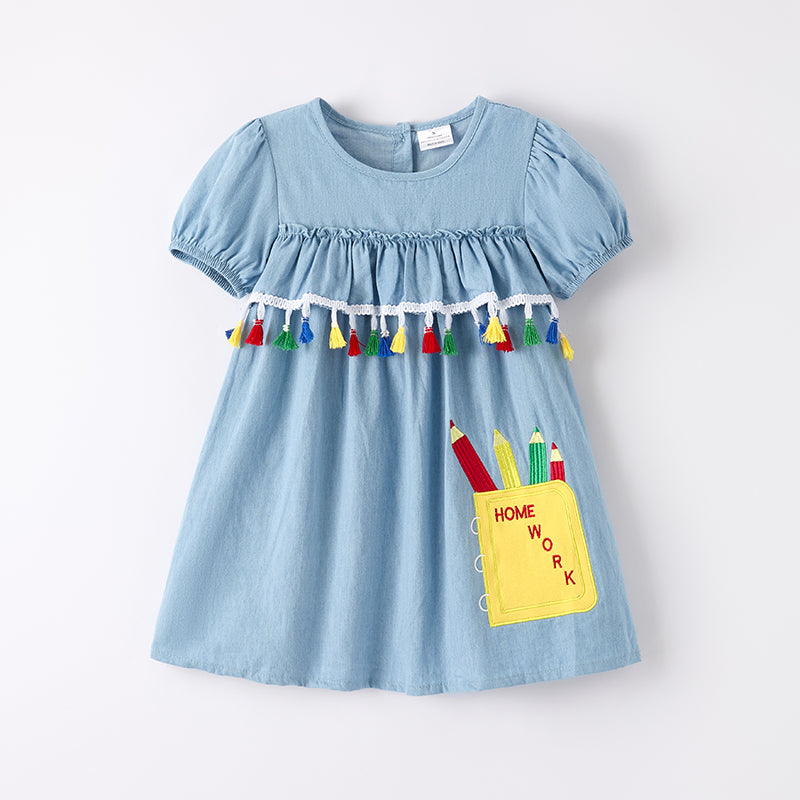 （In Stock）Girls Summer Back To School Homework Applique Tassel Dress