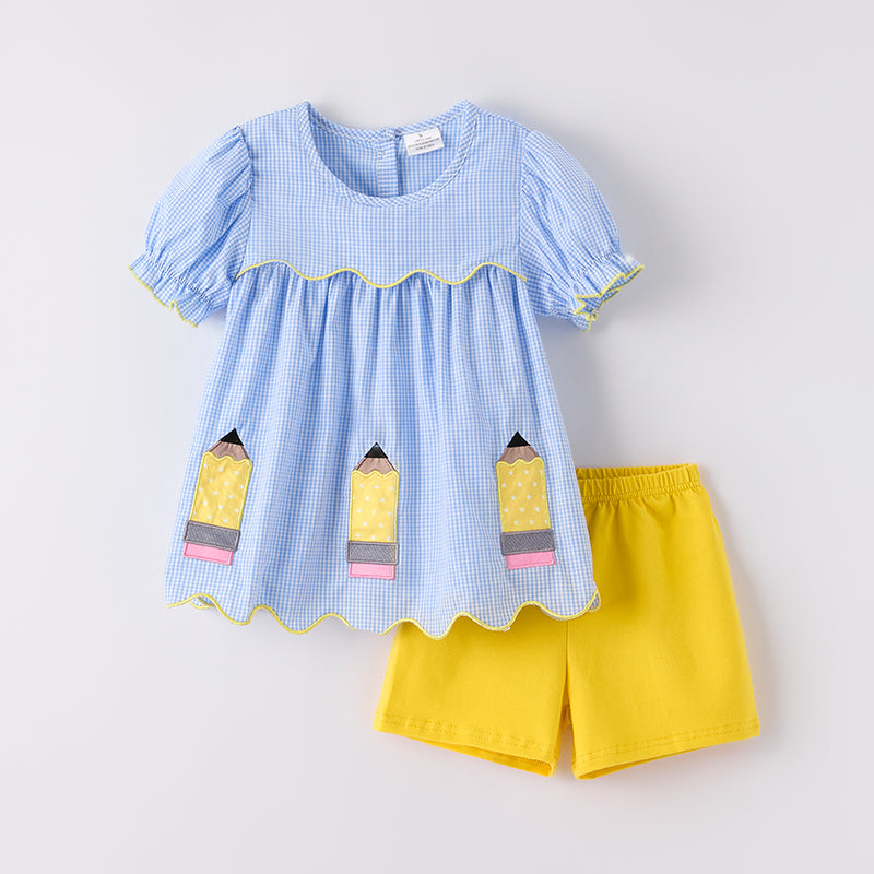 （In Stock）Girls Summer Back To School Pencil Applique Shorts Set