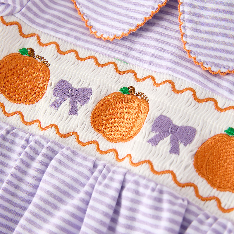 （In Stock）Toddler Girls Halloween＆Thanksgiving Pumpkin Embroidery Smocked Cotton Romper