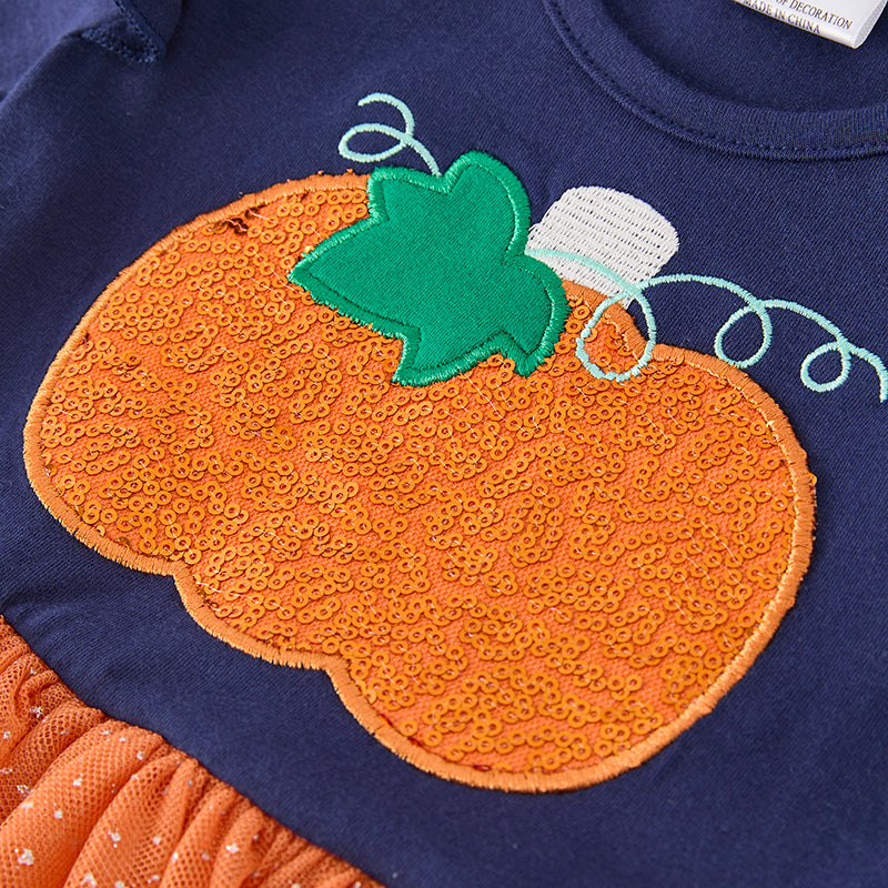 （In Stock）Girls Halloween＆Thanksgiving Sequin Pumpkin Applique Tulle Dress