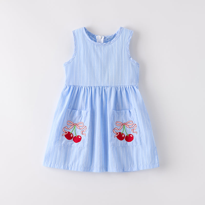 （In Stock）Girls Summer Cherry Embroidery Cotton Dress