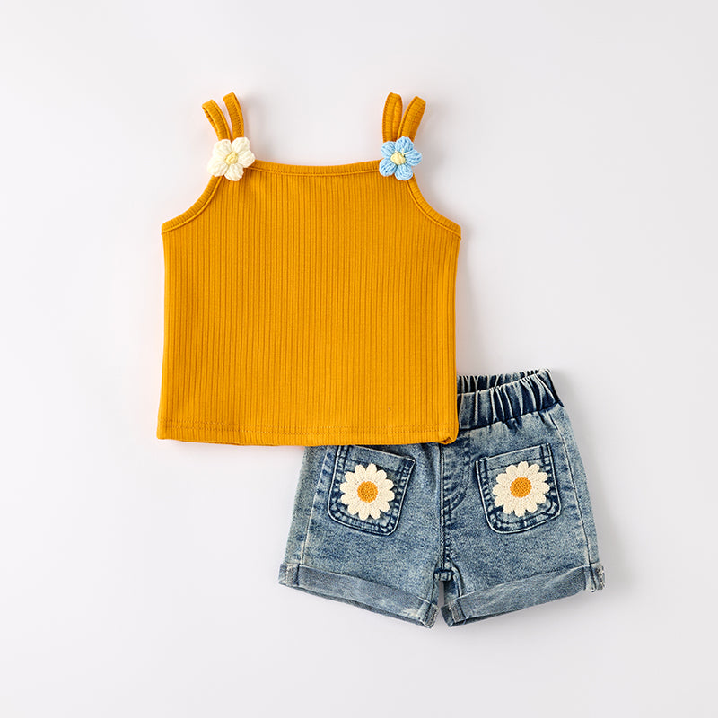 （In Stock）Girls Summer Halter Top Daisy Embroidery Denim Set
