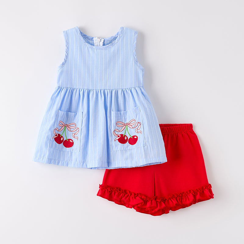 （In Stock）Girls Summer Cherry Embroidery Shorts Set