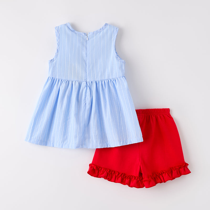 （In Stock）Girls Summer Cherry Embroidery Shorts Set