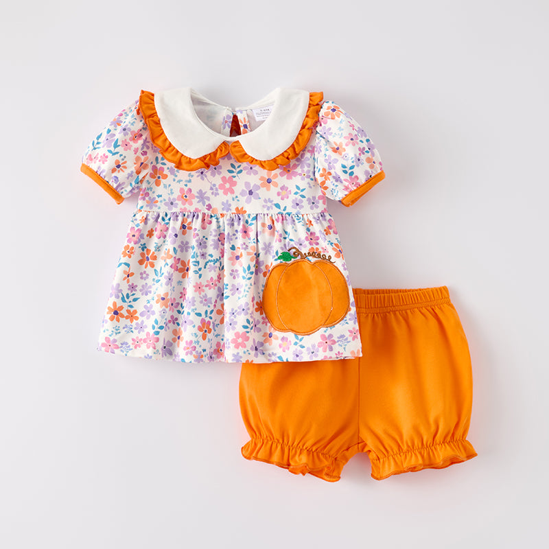 （In Stock）Toddler Girls Halloween Pumpkin Applique Bloomer Set