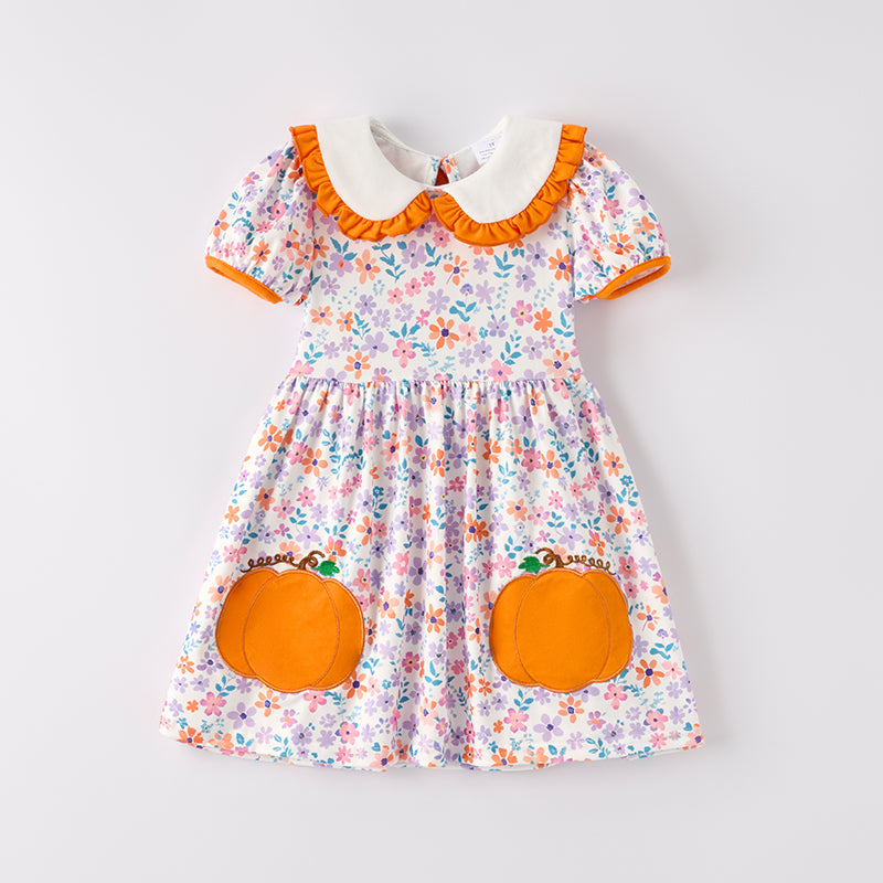 （In Stock）Girls Halloween Pumpkin Applique Dress
