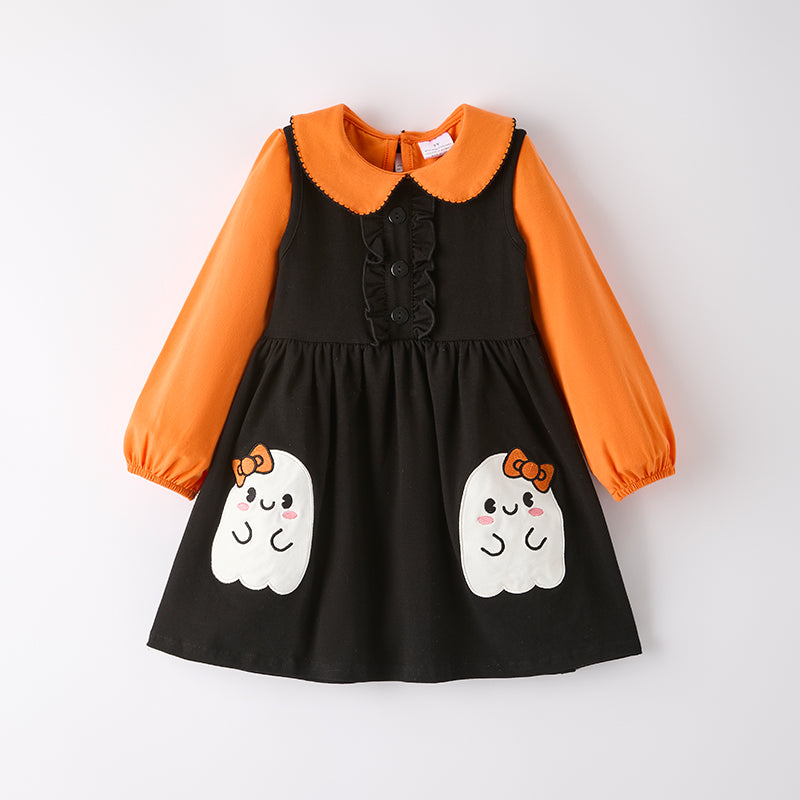 （In Stock）Girls Halloween Ghost Applique Cotton Overall Dress Set