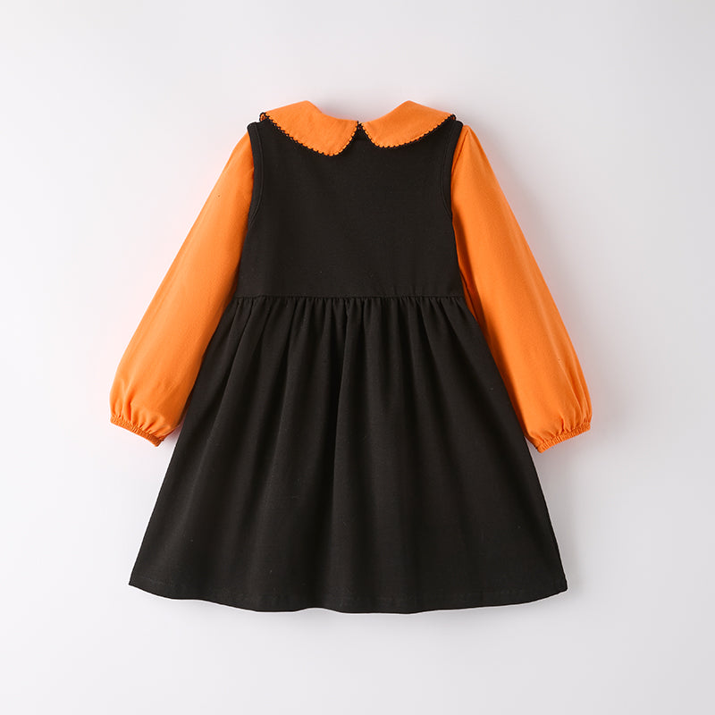 （In Stock）Girls Halloween Ghost Applique Cotton Overall Dress Set