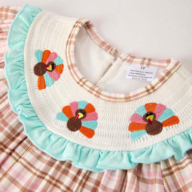 （In Stock）Girls Thanksgiving Turkey Embroidery Smocked Dress