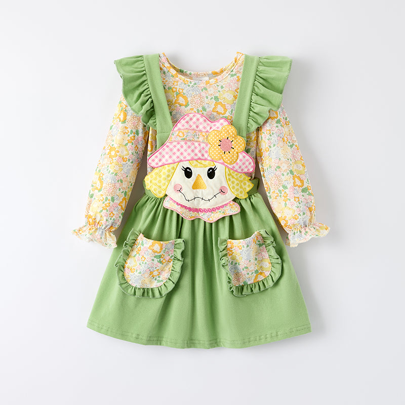 （In Stock）Girls Thanksgiving Scarecrow Applique Dress with Pockets