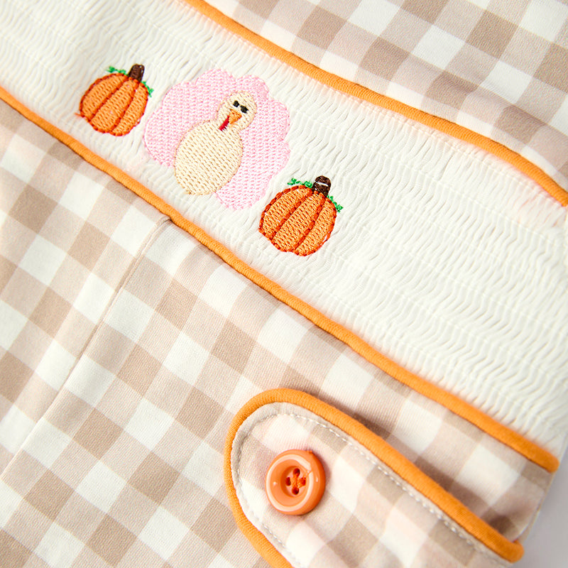 （In Stock）Boys Thanksgiving Turkey Embroidery Smocked Romper