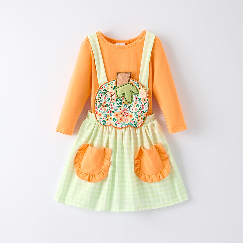 （In Stock）Girls Thanksgiving Pumpkin Applique Overall Dress with Pockets