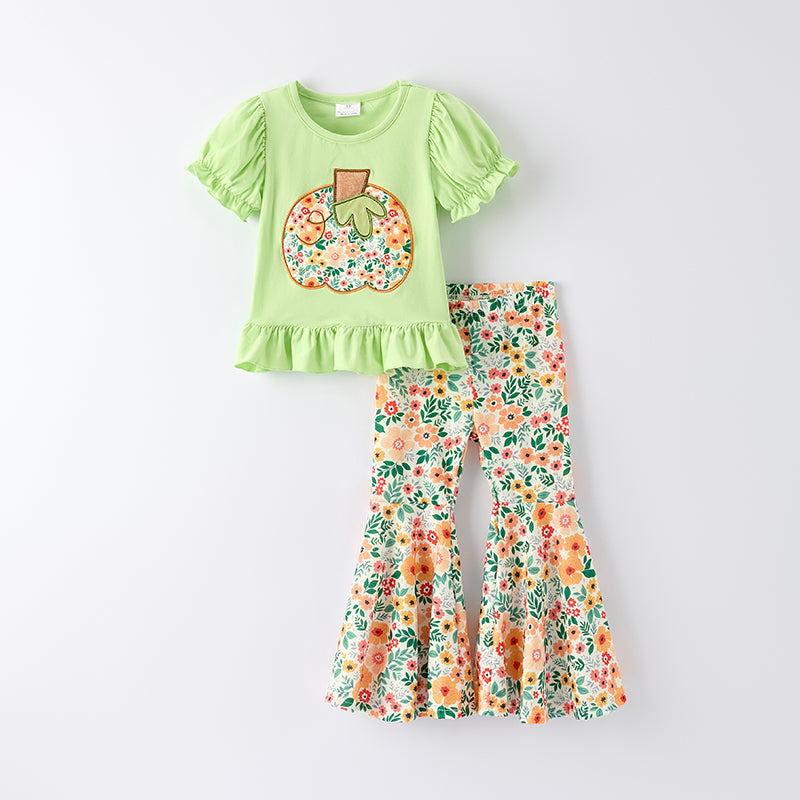 （In Stock）Girls Thanksgiving Pumpkin Applique Ruffle Outfit Set