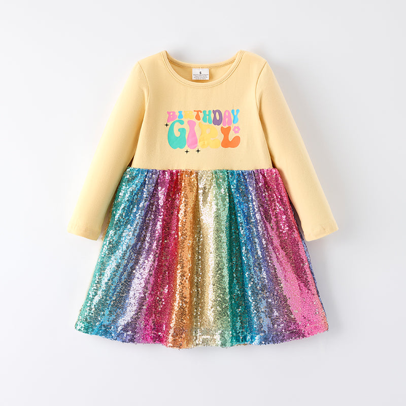 （In Stock）Girls Fall&Winter Birthday Girl Print Sequin Dress