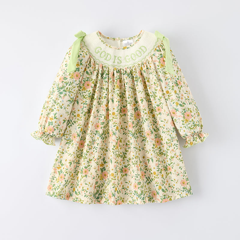 （In Stock）Girls Fall&Winter GOD IS GOOD Embroidery Smocked Dress