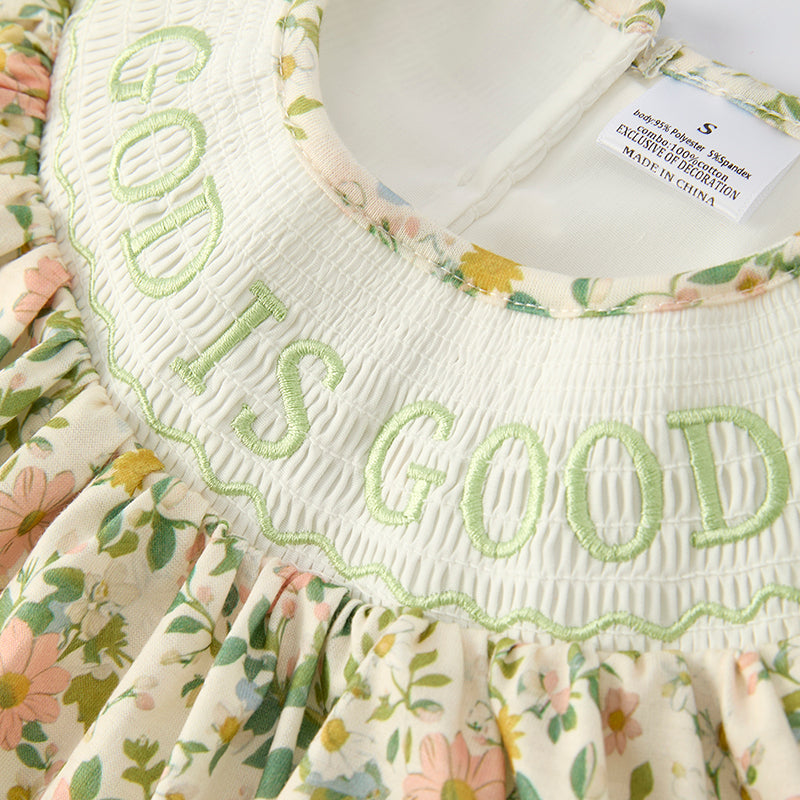 （In Stock）Girls Fall&Winter GOD IS GOOD Embroidery Smocked Dress
