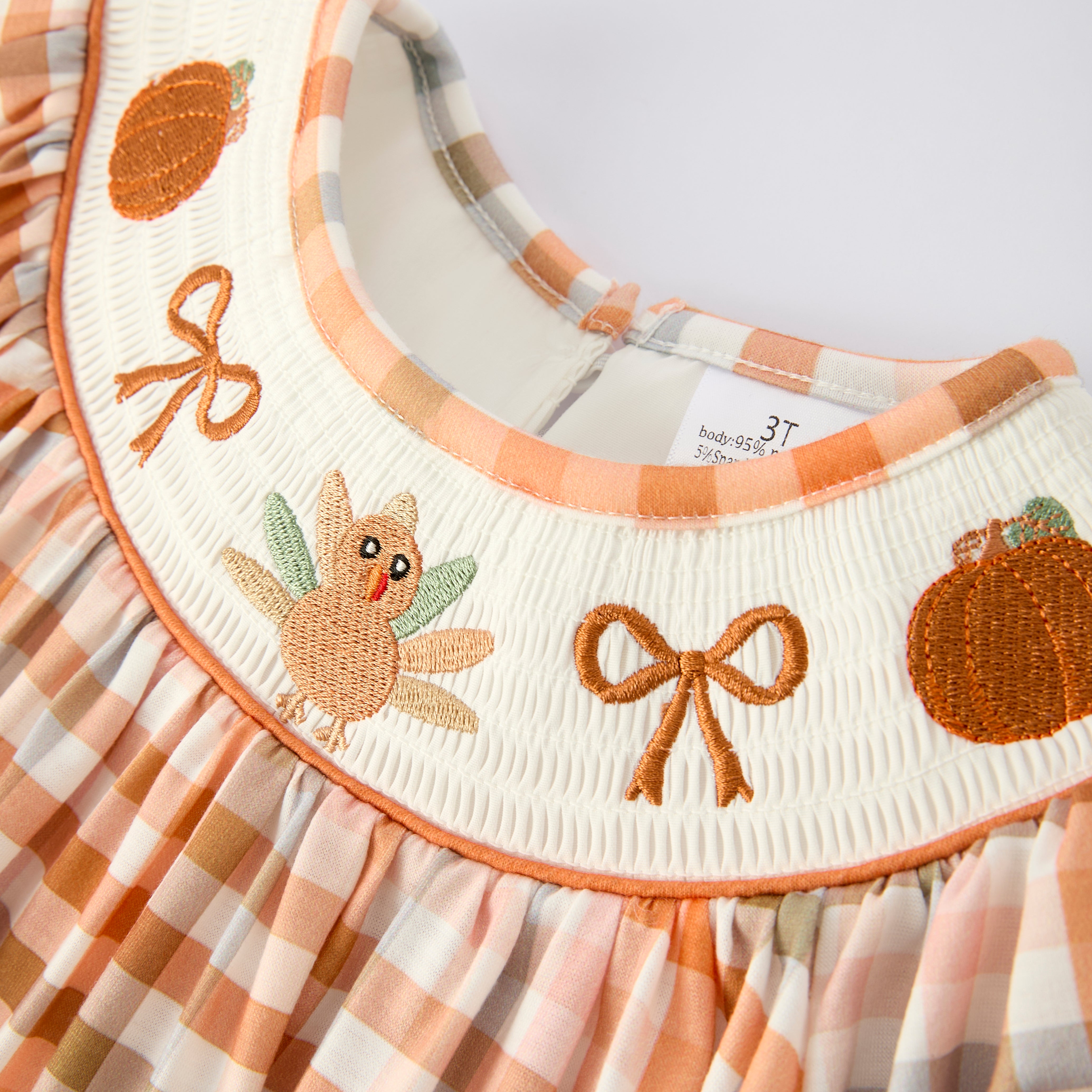 （In Stock）Girls Thanksgiving Turkey Embroidery Smocked Dress