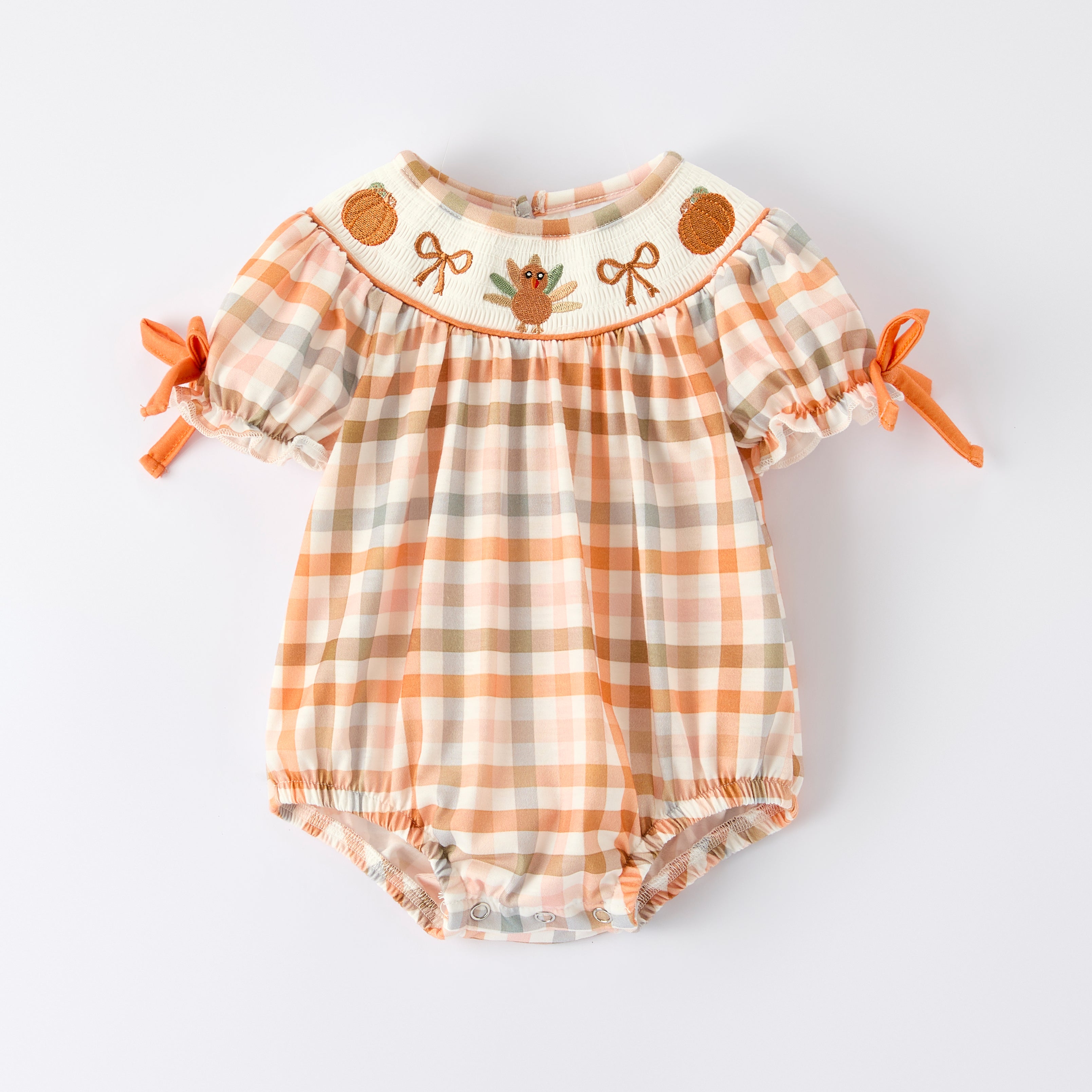 （In Stock）Toddler Girls Thanksgiving Turkey Embroidery Smocked Romper