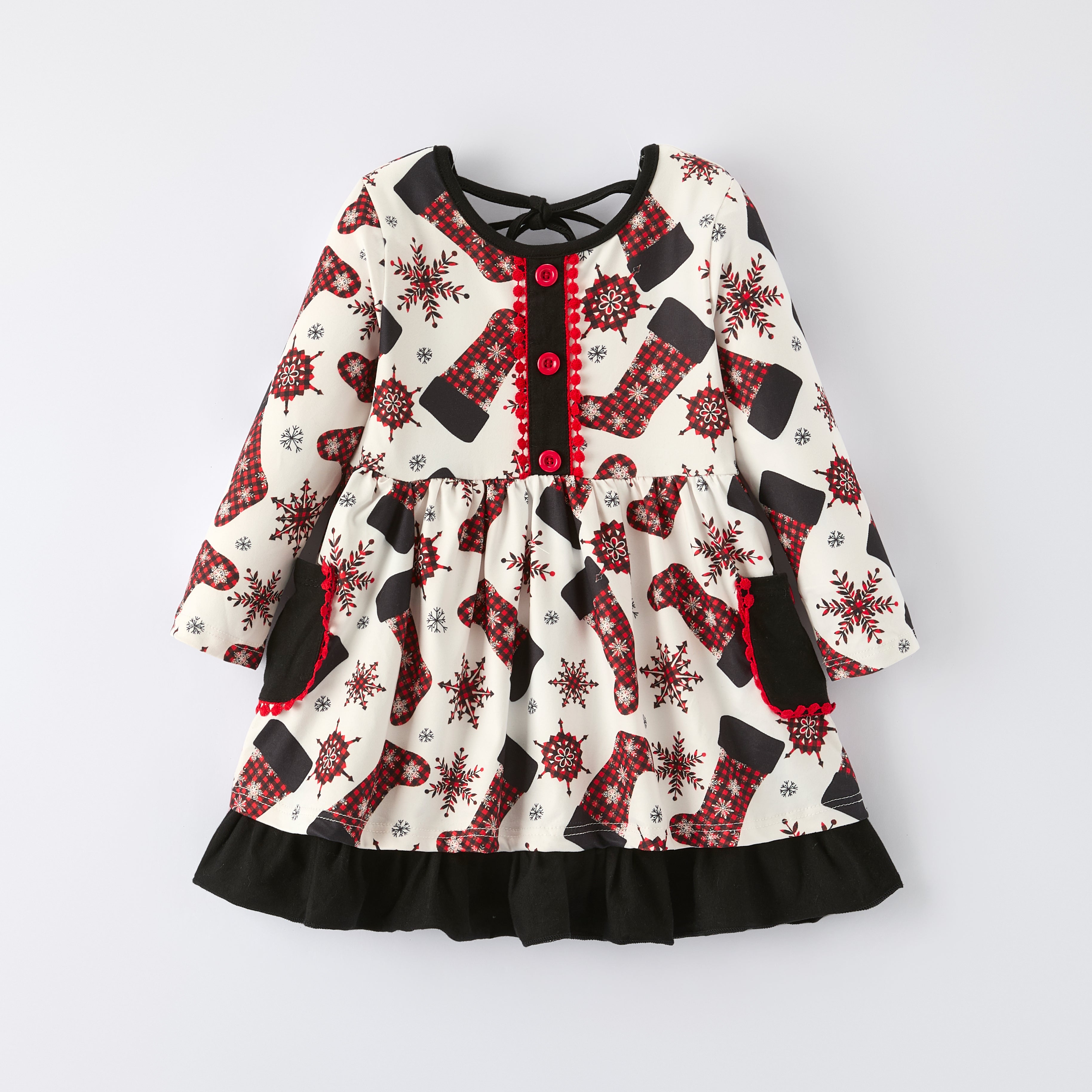 （In Stock）Girls Christmas Print Dress with Pockets