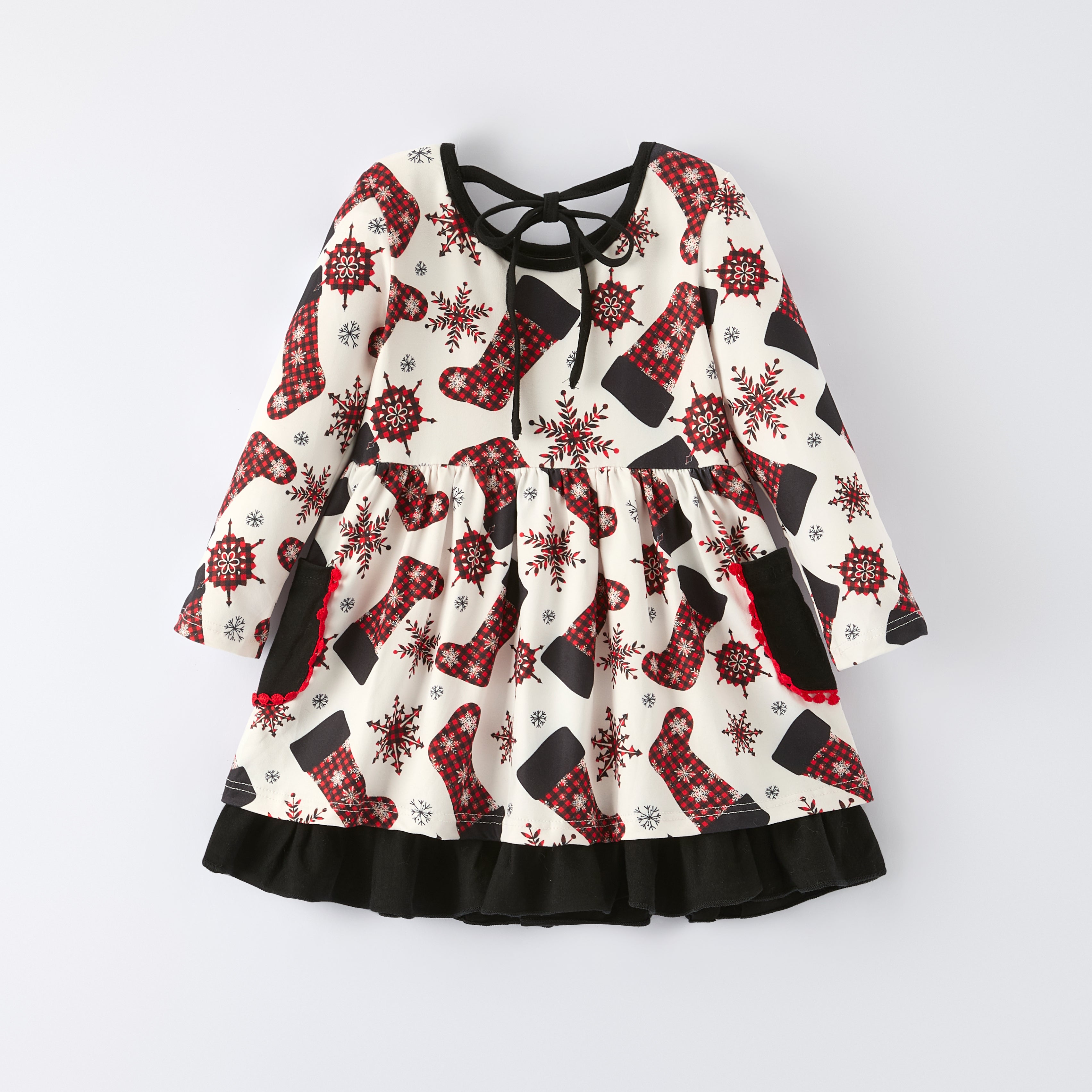 （In Stock）Girls Christmas Print Dress with Pockets