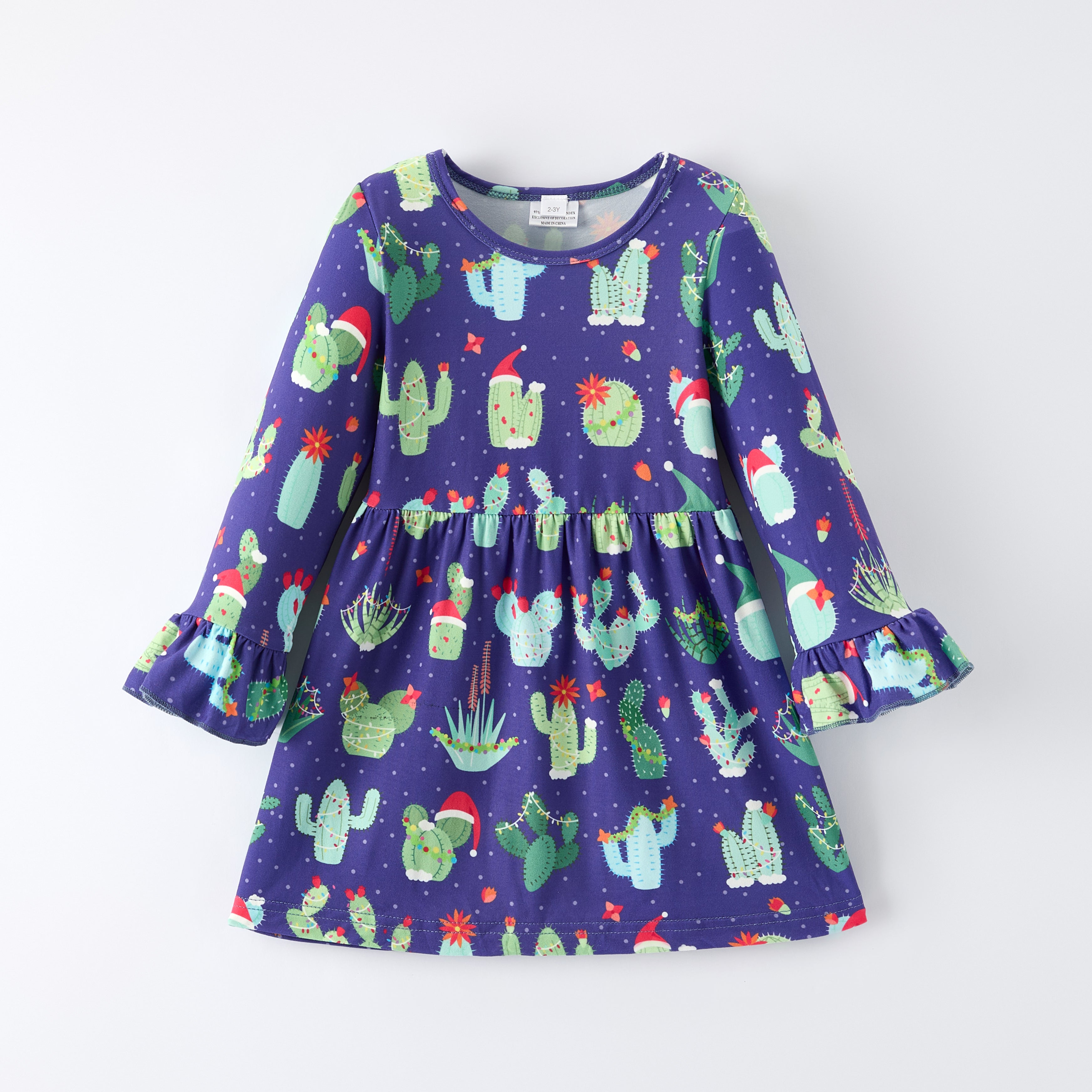 （In Stock）Girls Christmas Cactus Print Ruffle Dress