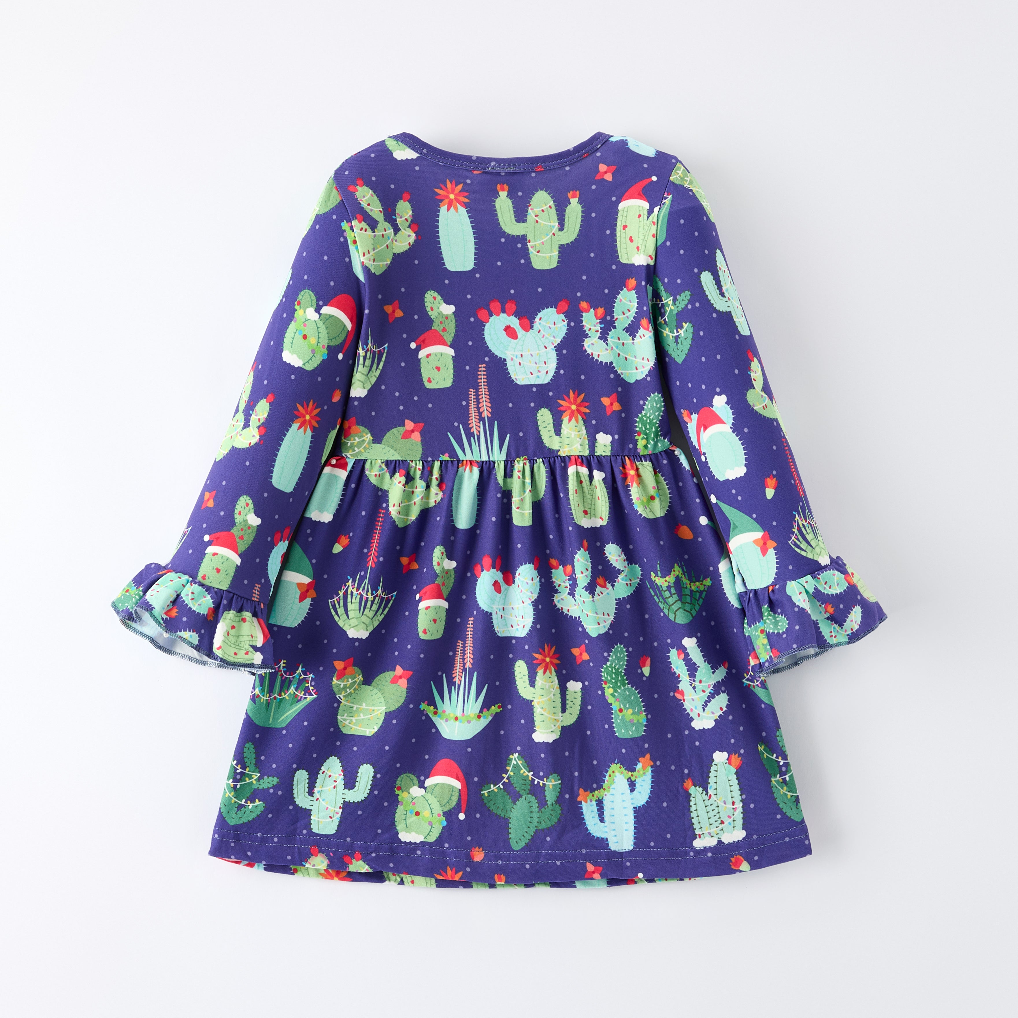 （In Stock）Girls Christmas Cactus Print Ruffle Dress