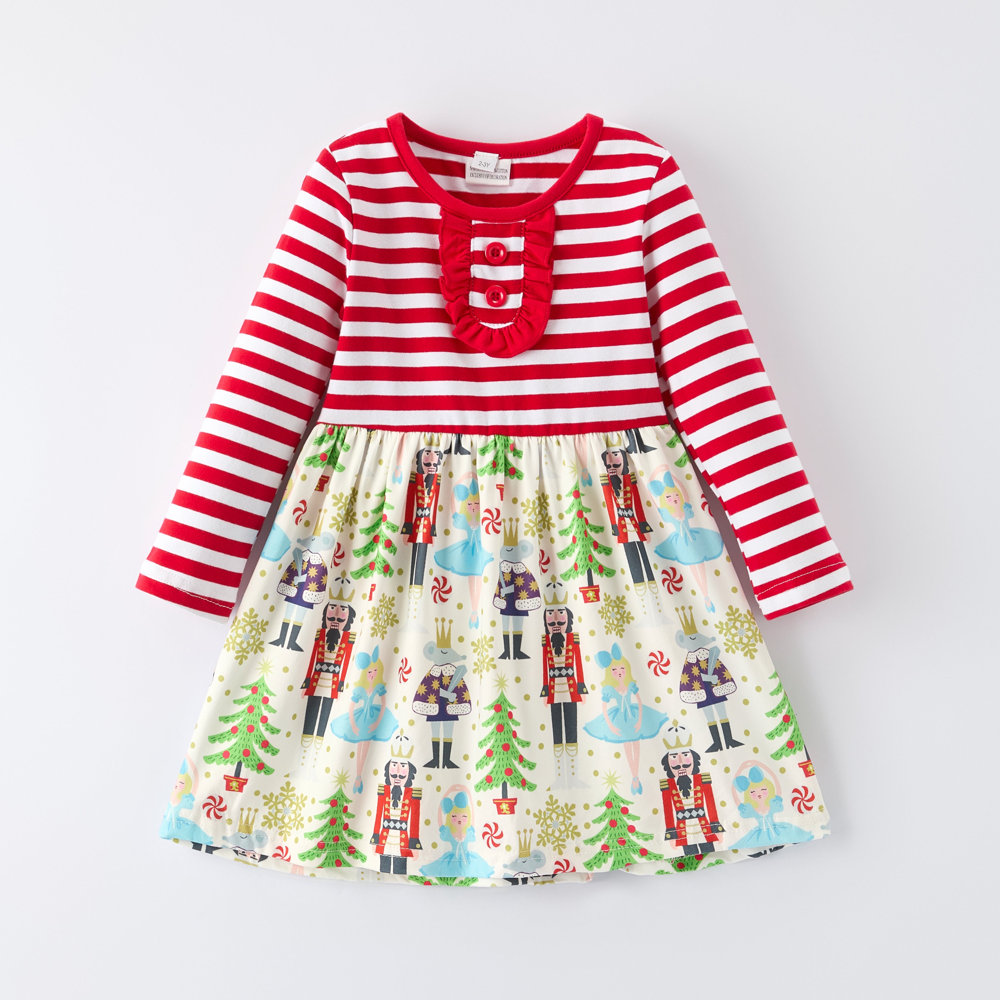 （In Stock）Girls Christmas Nutcracker Print Red Stripe Dress