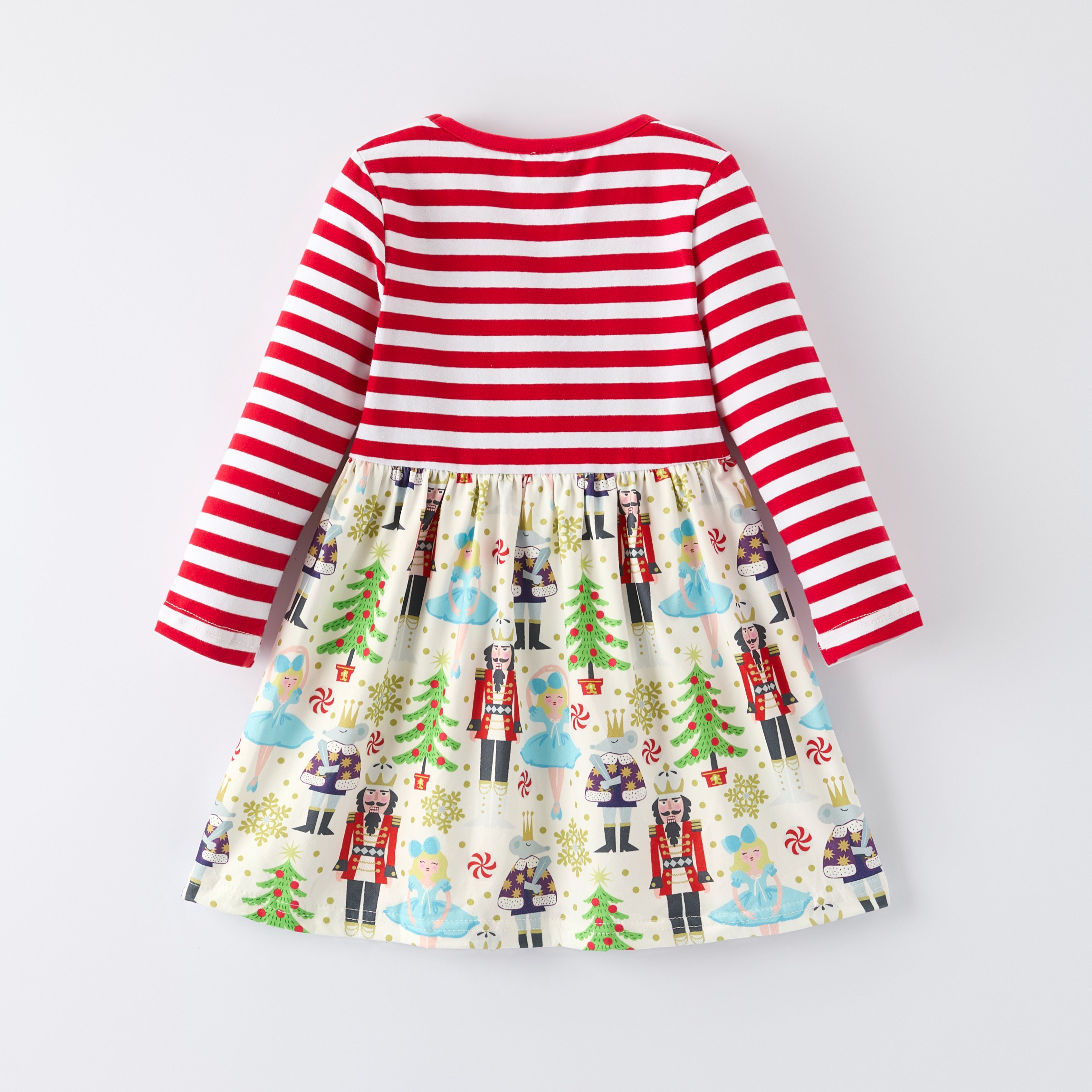 （In Stock）Girls Christmas Nutcracker Print Red Stripe Dress