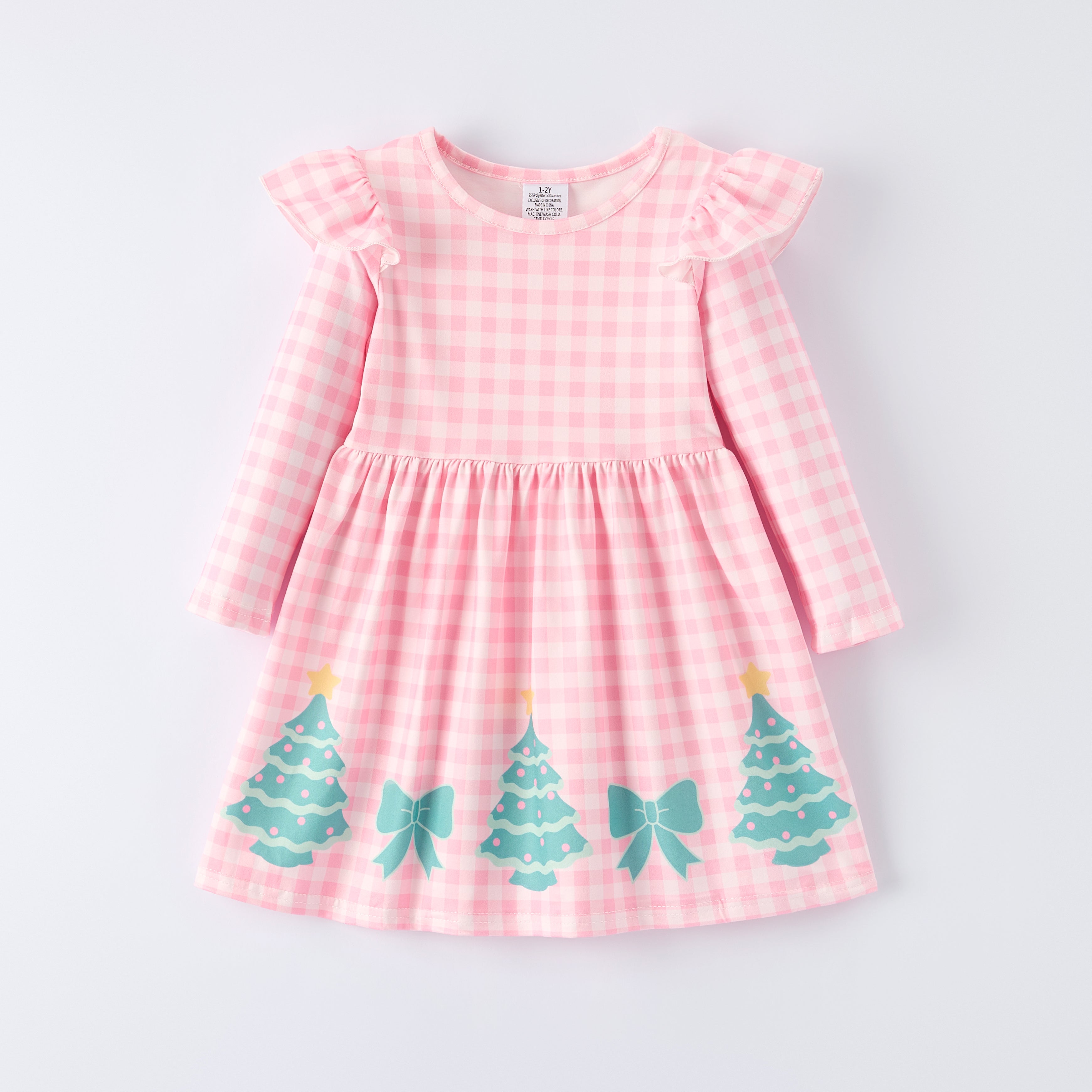 （In Stock）Girls Christmas Tree Print Pink Plaid Dress
