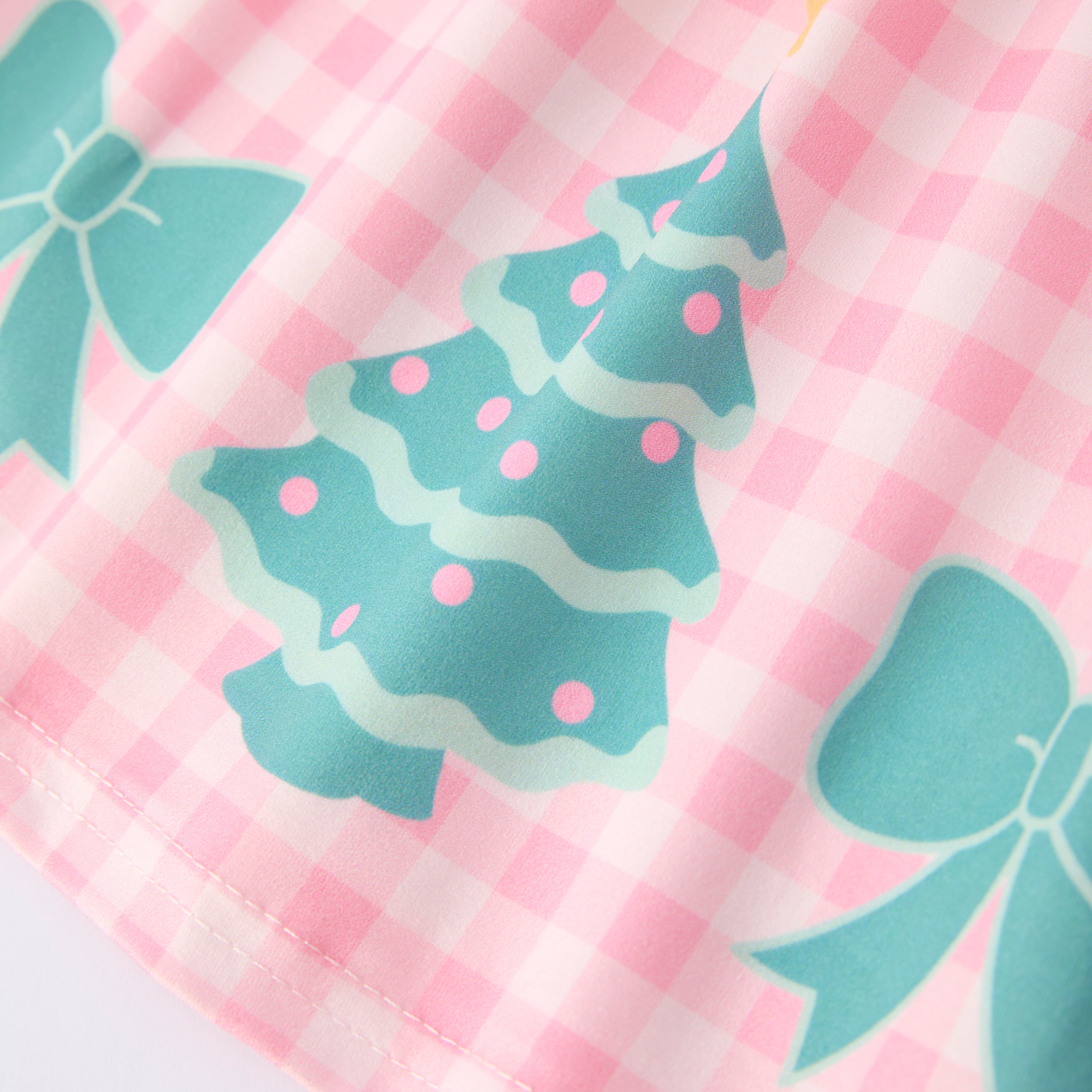 （In Stock）Girls Christmas Tree Print Pink Plaid Dress