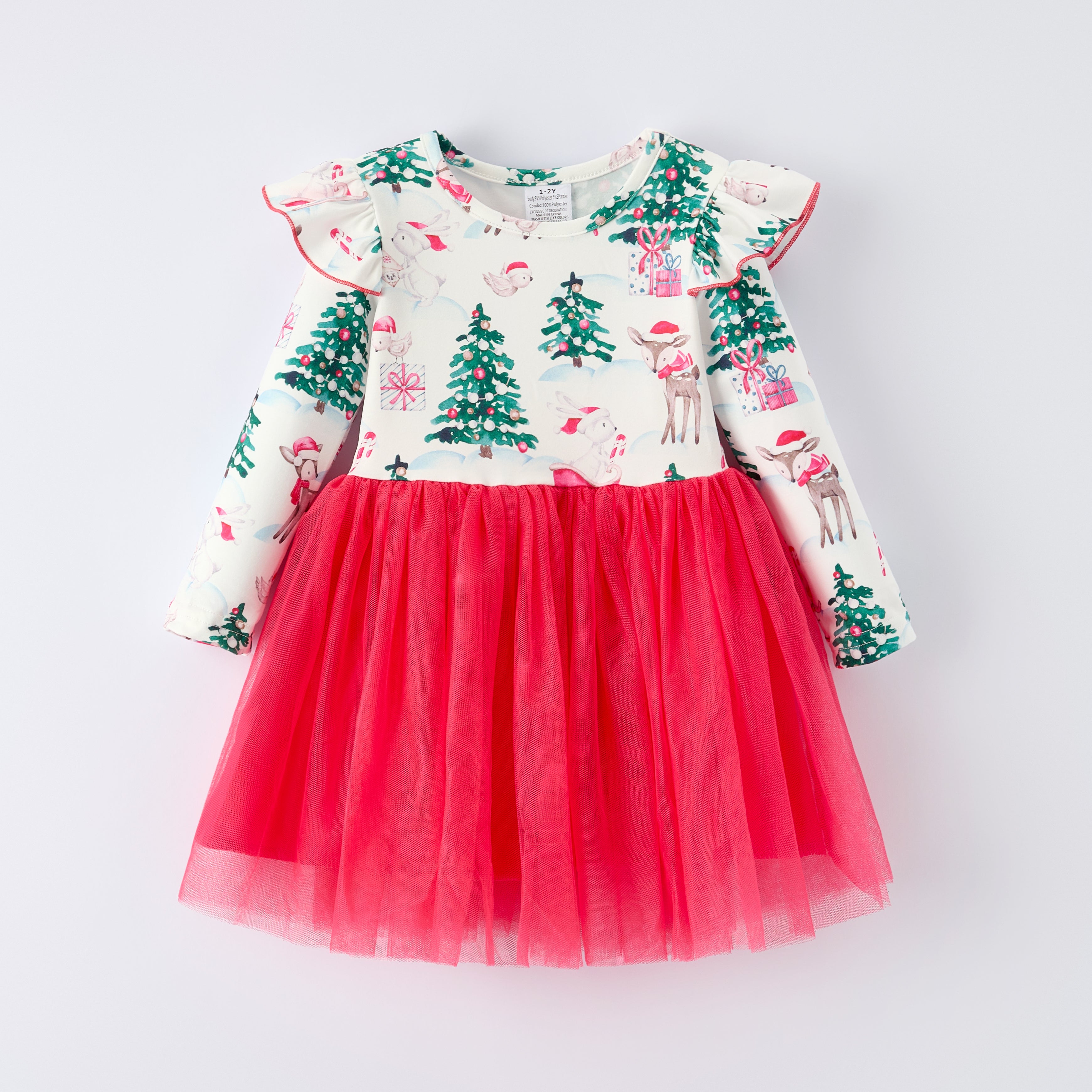 （In Stock）Girls Christmas Tree Print Tulle Dress