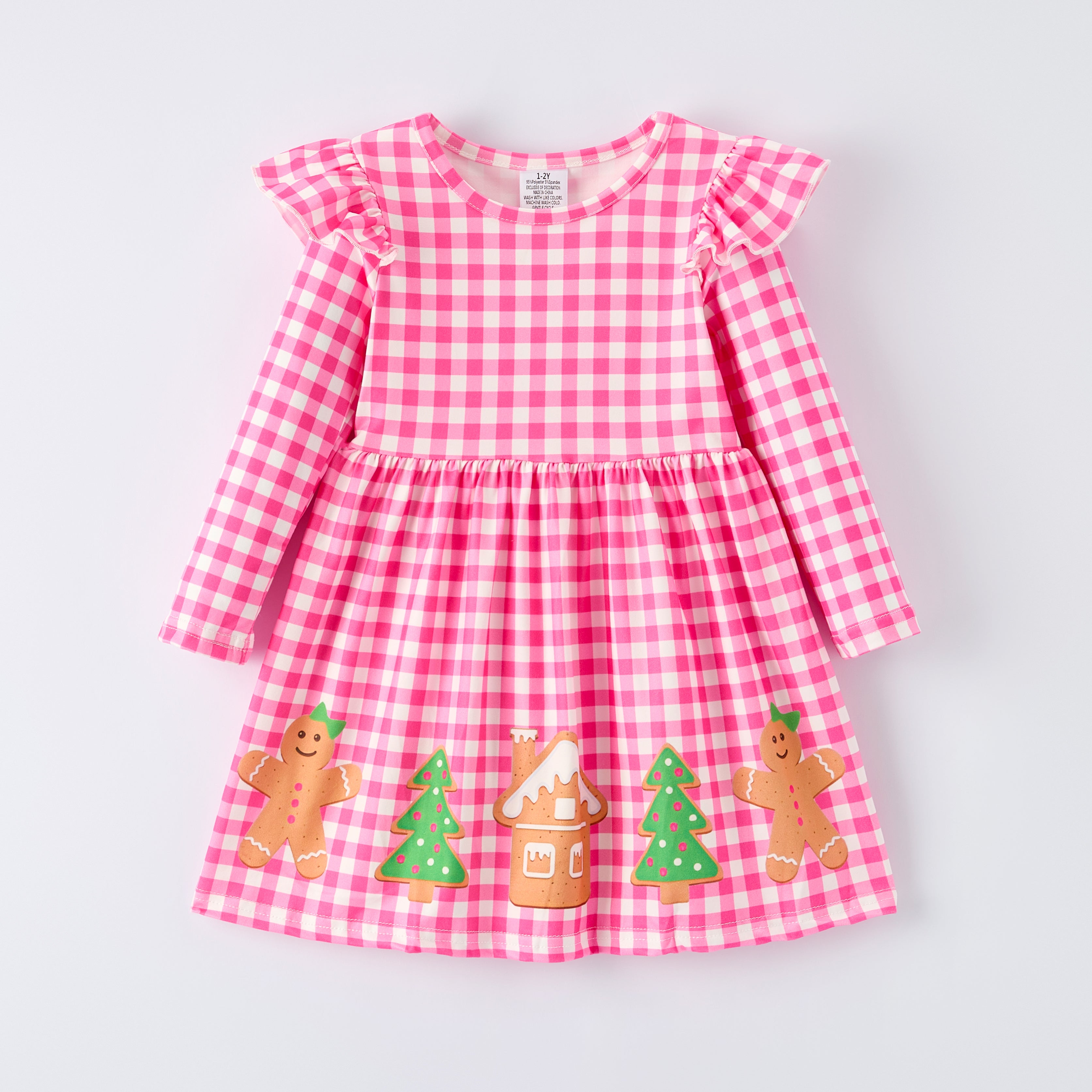 （In Stock）Girls Christmas Tree Print Hot Pink Plaid Dress