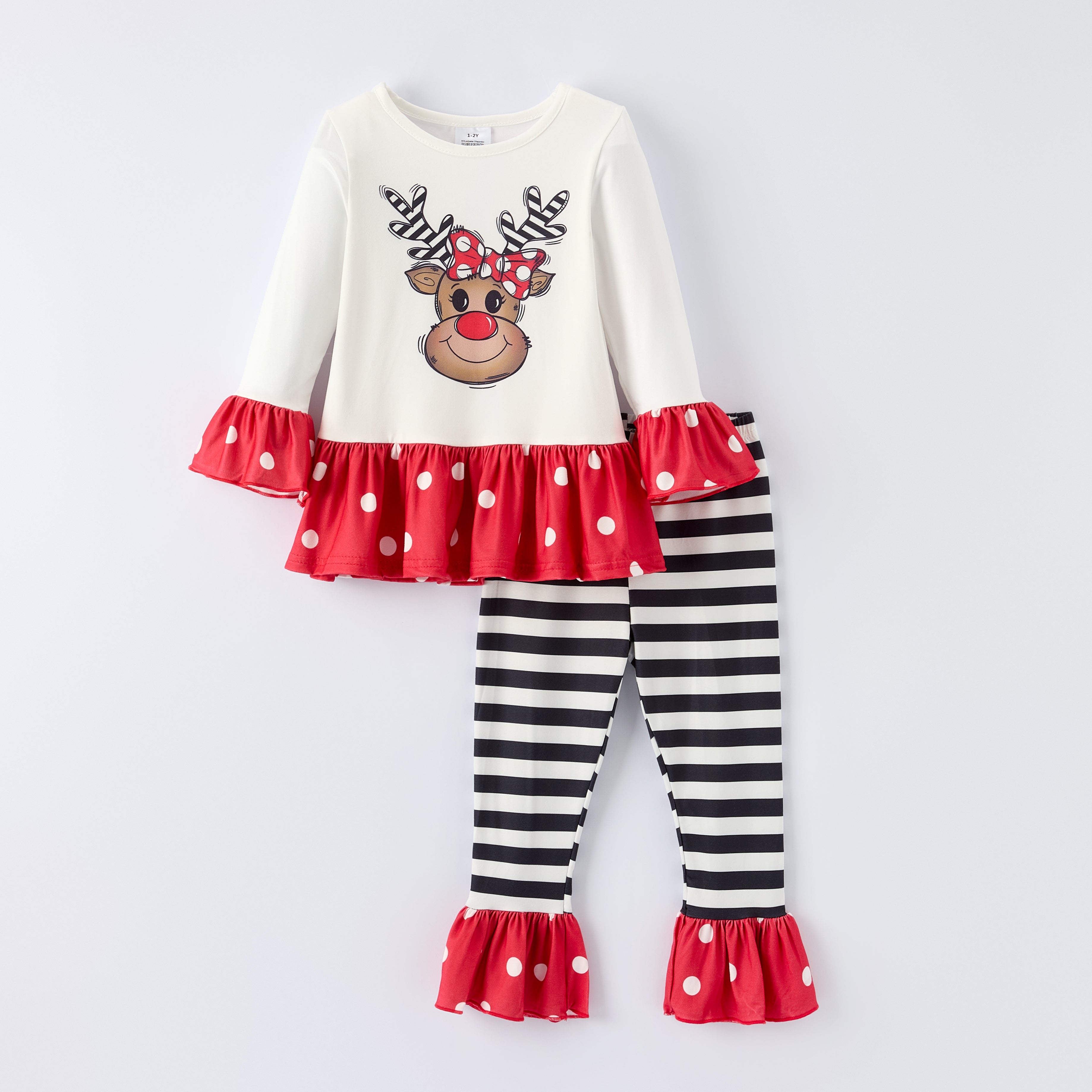 （In Stock）Girls Christmas Elk Print Ruffle Outfit Set