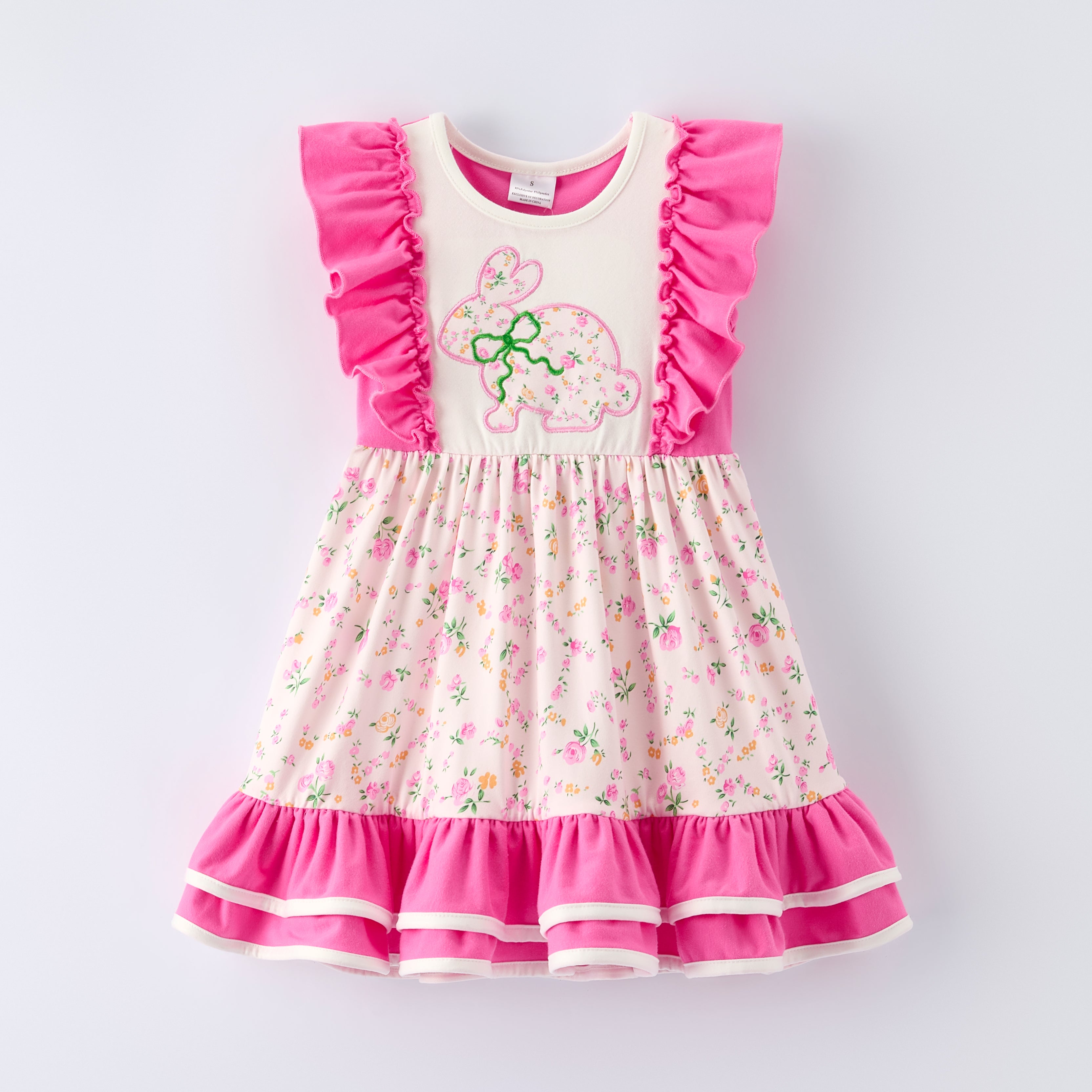 （In Stock）Girls Easter Bunny Applique Ruffle Dress