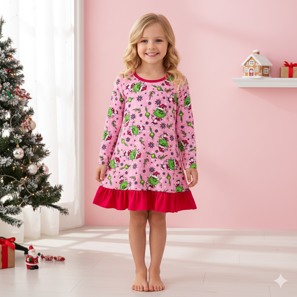 （Pre Order,Prepack Zone）Girls Christmas Cartoon Print Pajamas Dress（Mix Size）