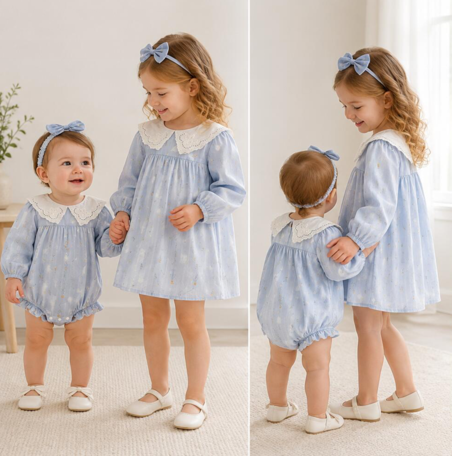 （In Production）Sisters Fall Print Lace Baby Collar Dress&Romper