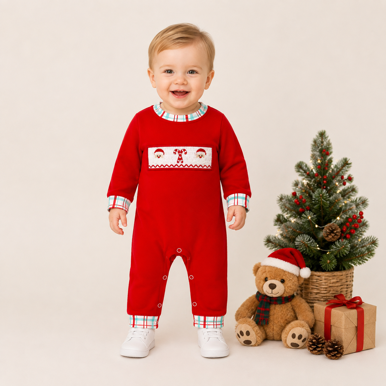 （In Stock）Toddler Boys Christmas Embroidery Cotton Romper