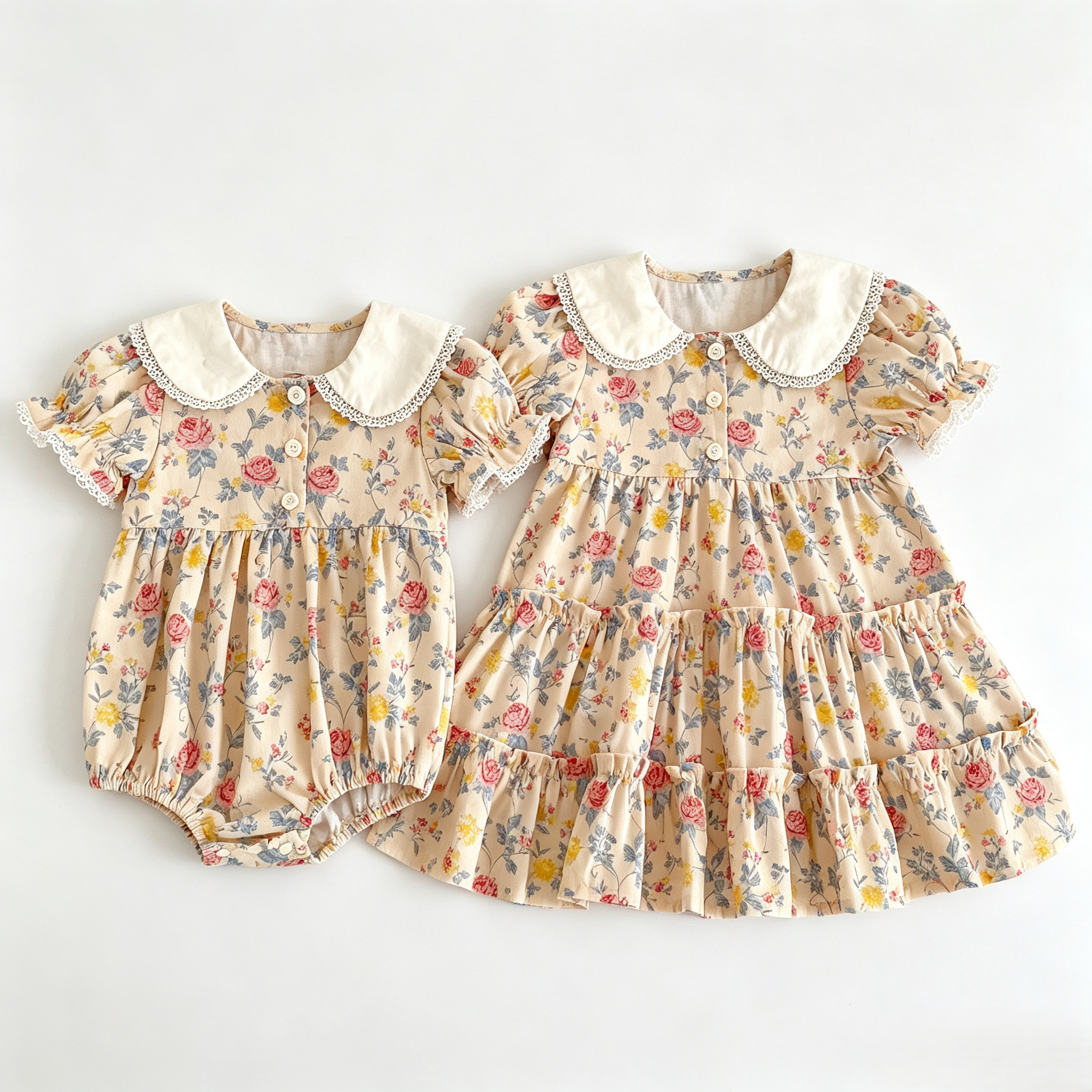 （Pre Order 2 Weeks）Sisters Floral Print Baby Collar Dress&Romper