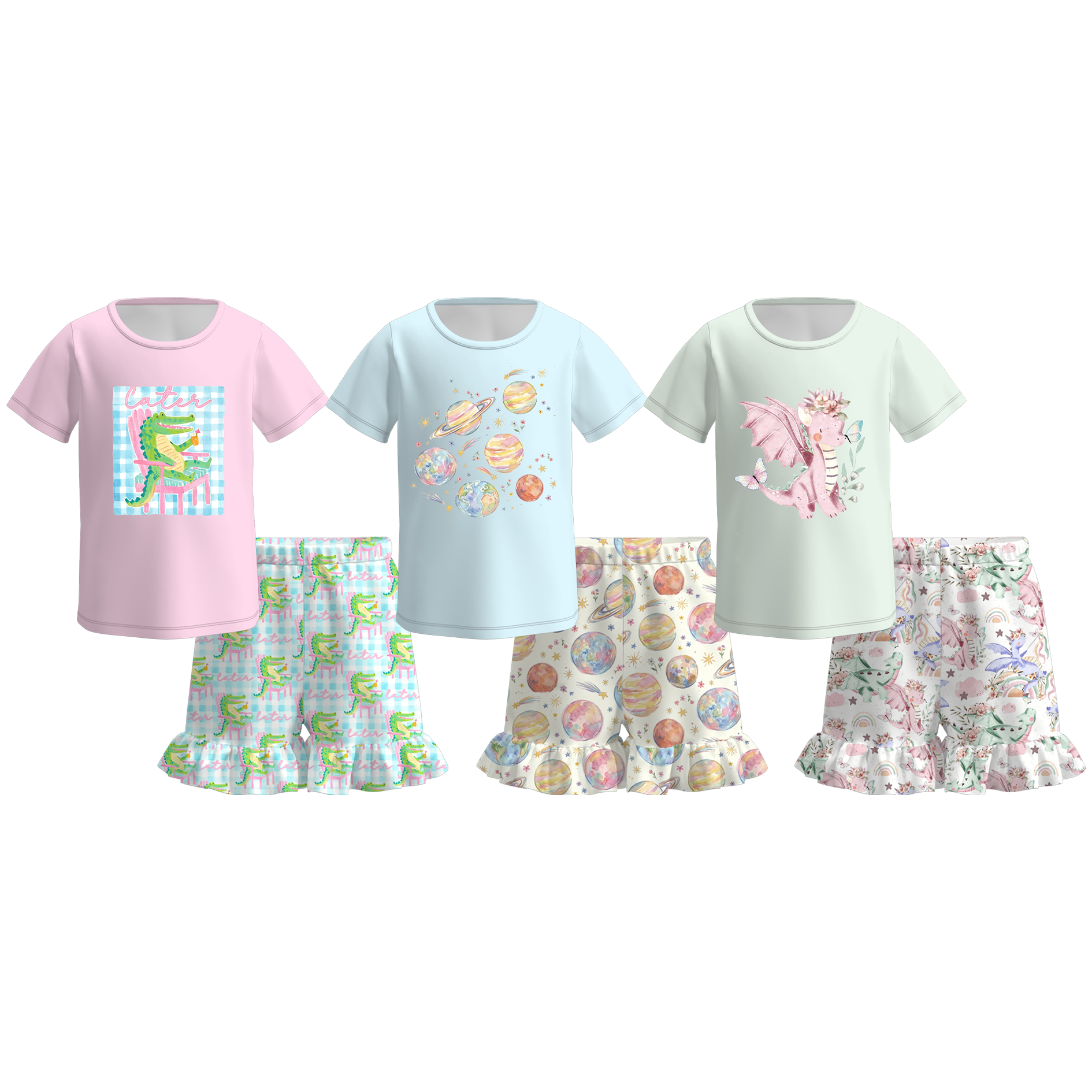 （Pre Order+Prepack Zone）Girls Summer Print Ruffled Shorts Set