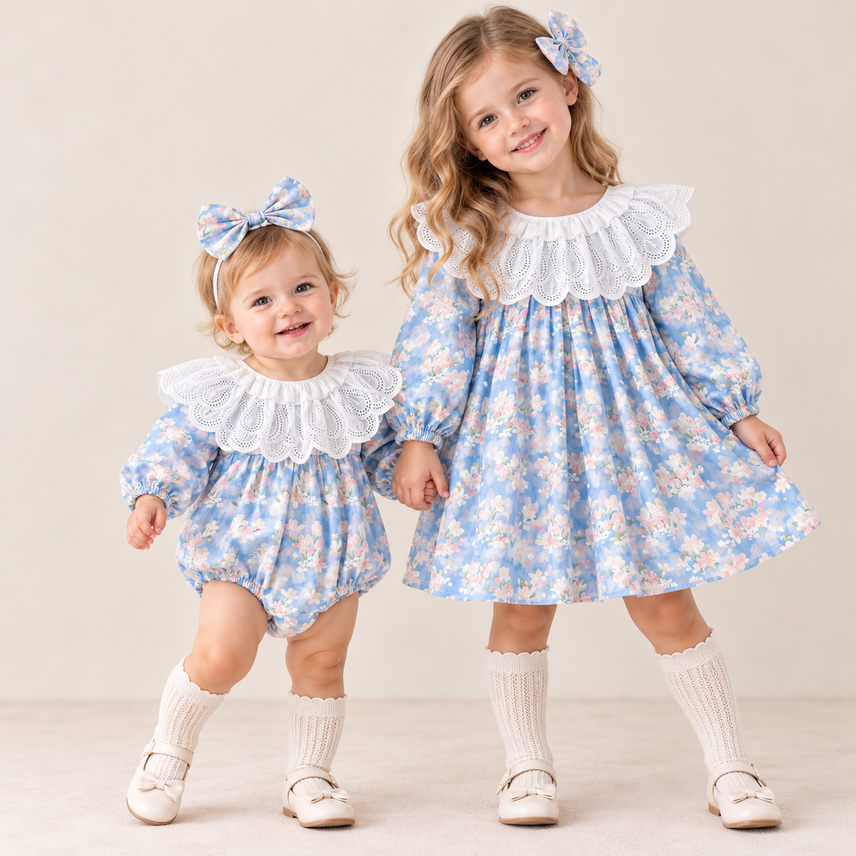 （Pre Order 2 Weeks）Sisters Fall Blue Floral Print Ruffle Collar Dress&Romper