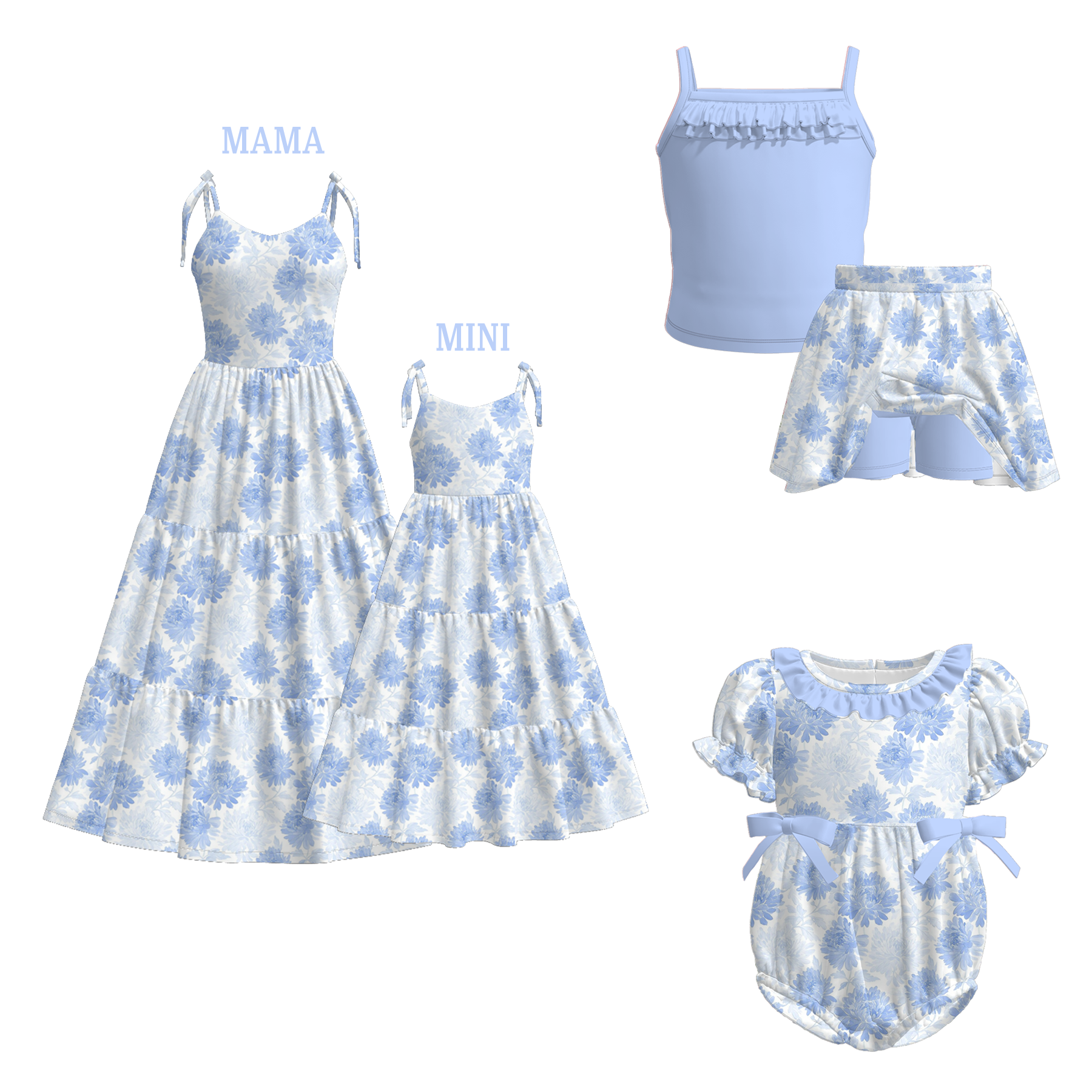 （Pre Order）Mommy and Me Summer Light Blue Floral Print MAXI Dress,Set＆Romper
