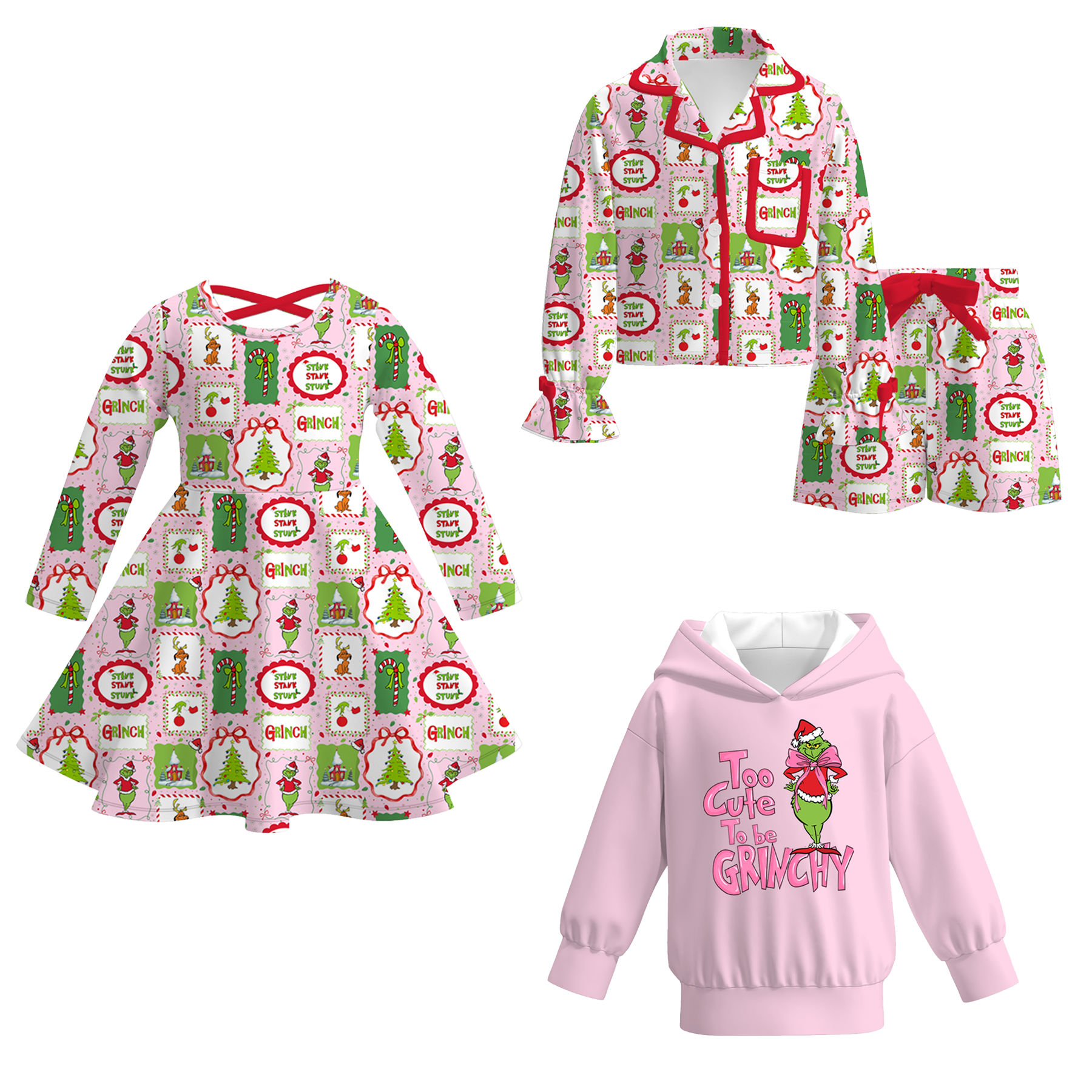 （Pre Order）Girls Christmas Cartoon Print Dress,Pajamas&Top