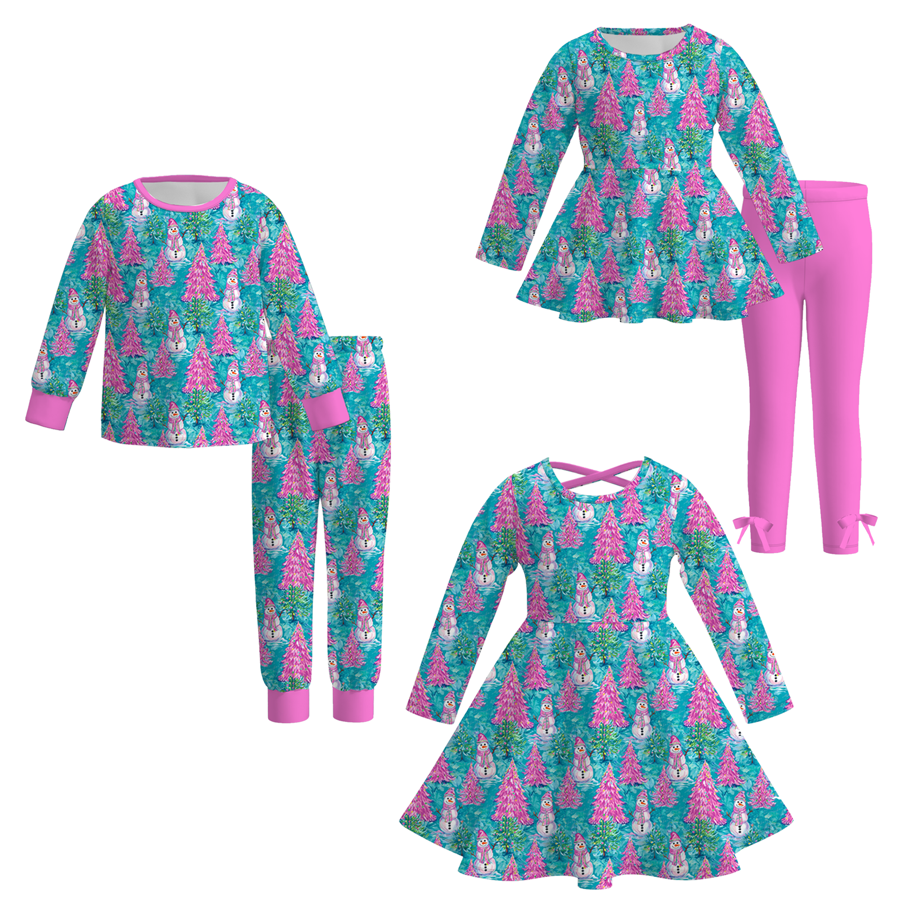 （Pre Order）Girls Christmas Tree Print Dress&Set