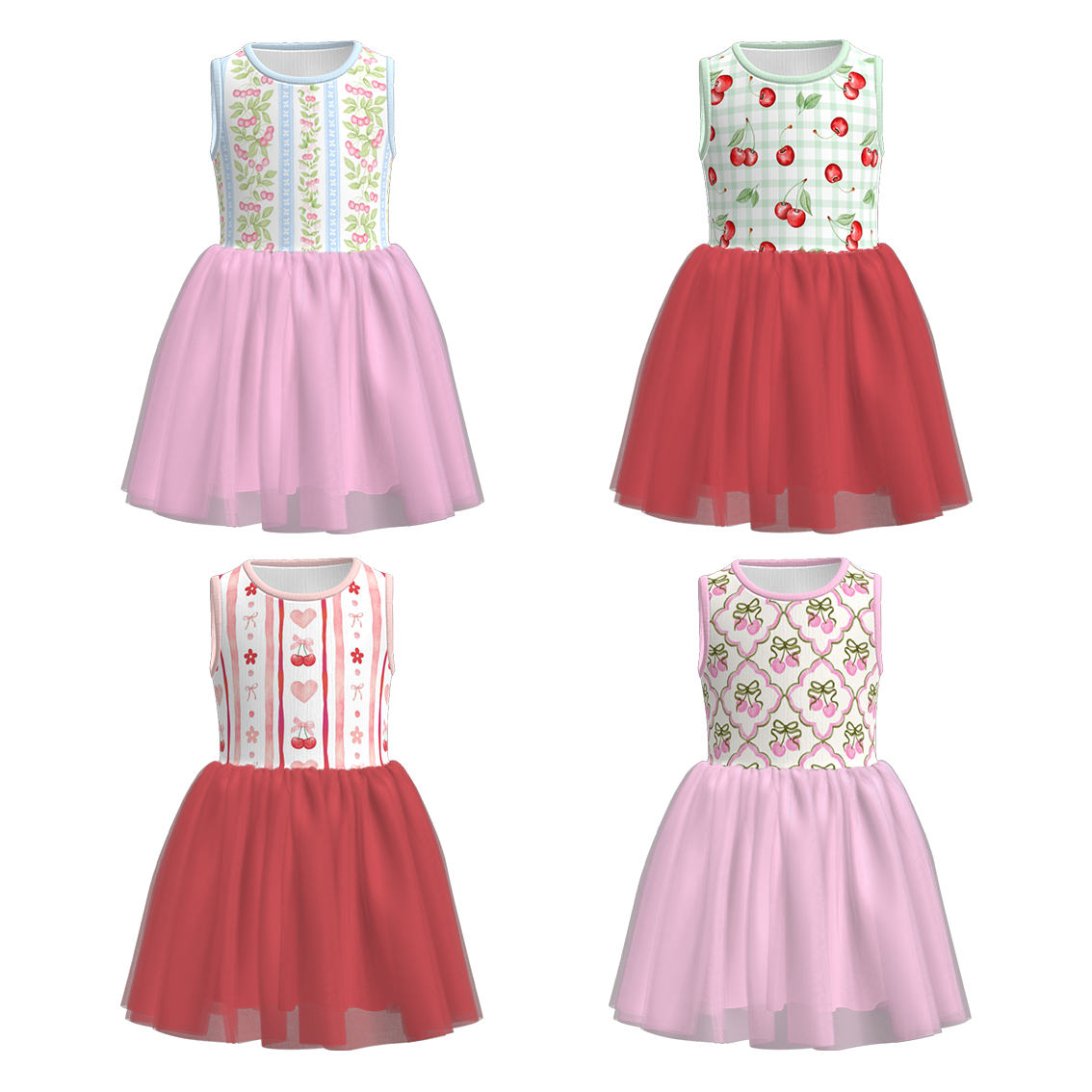 （Pre Order）Girls Spring and Summer Cherry Print Tulle Dress