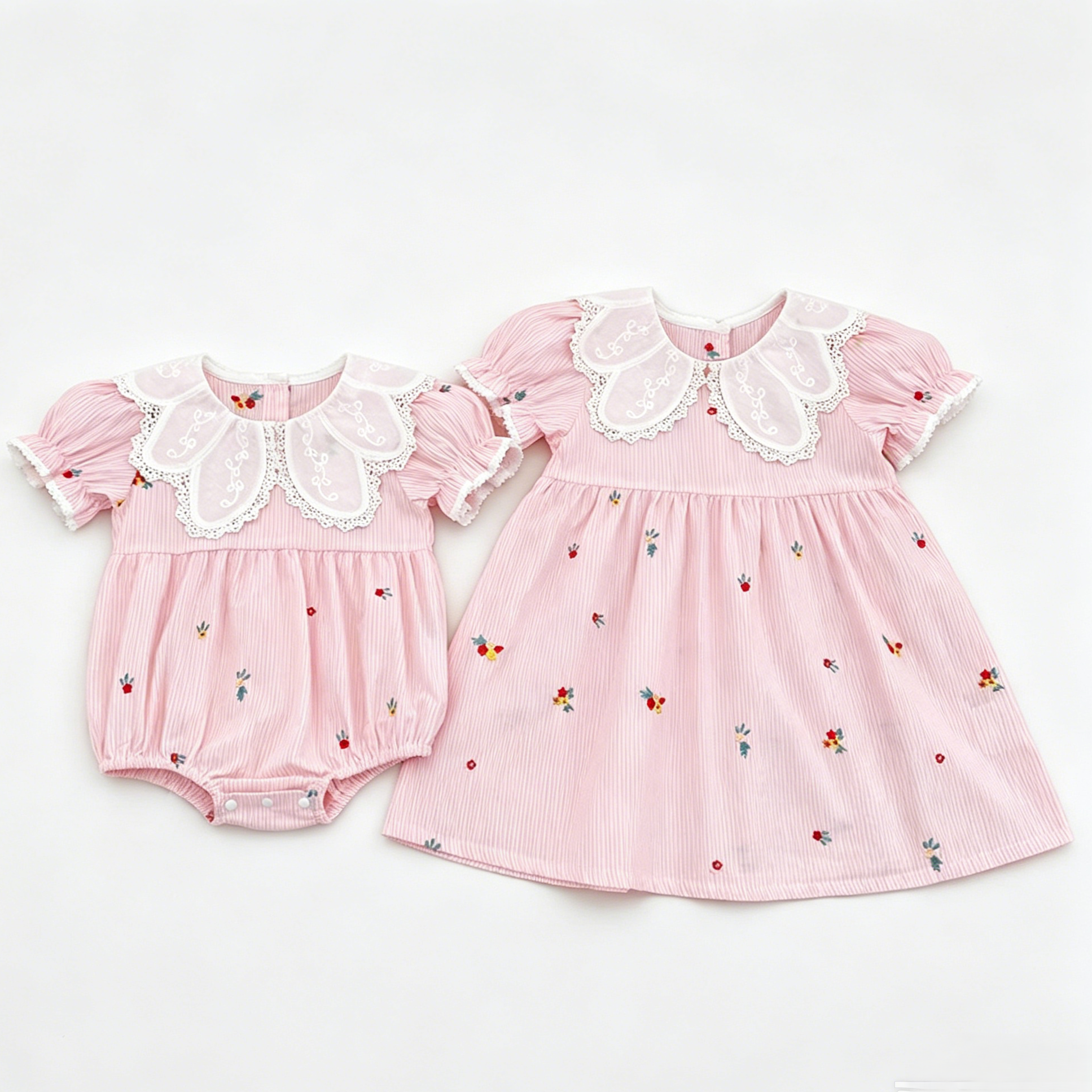（Pre Order 2 Weeks）Sisters Floral Embroidery Pink Stripe Dress&Romper