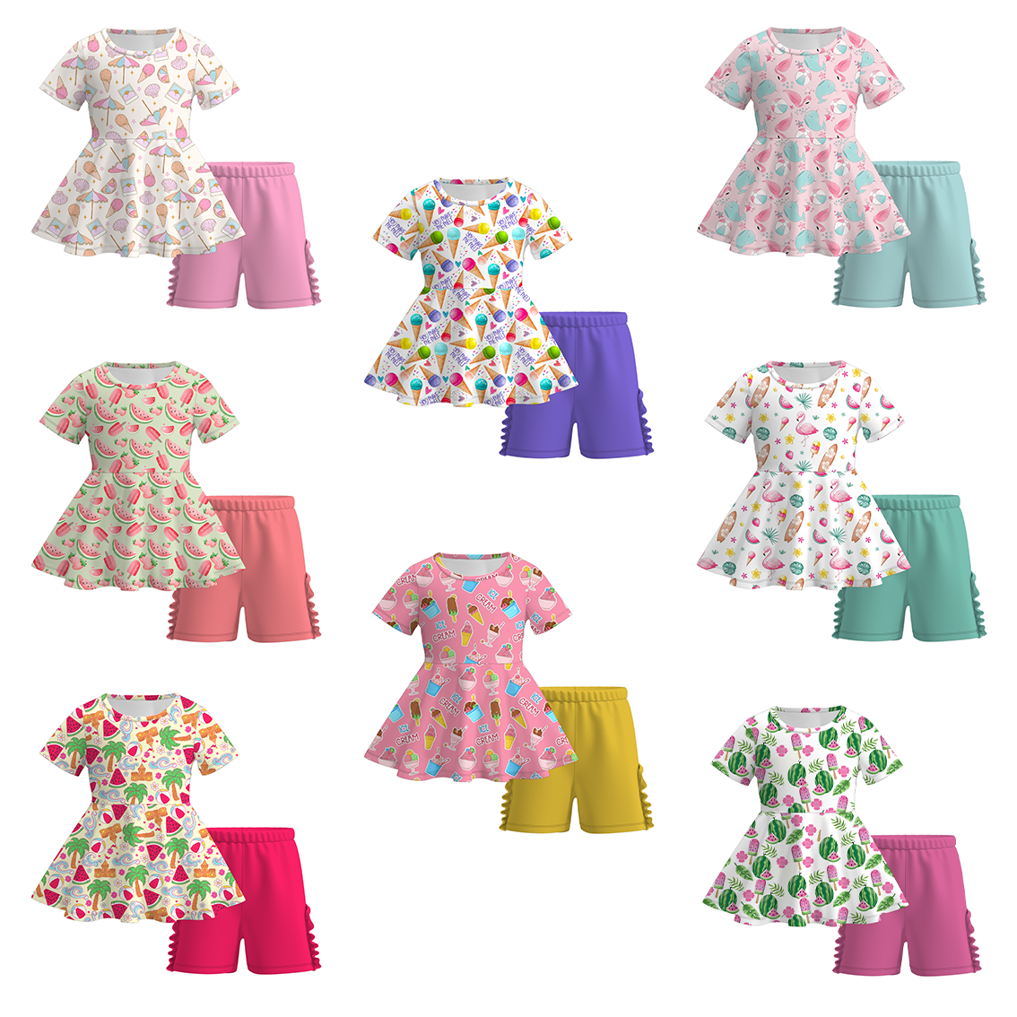 (Pre Order)Girls Sweet Summer Print Milk Silk Short Set