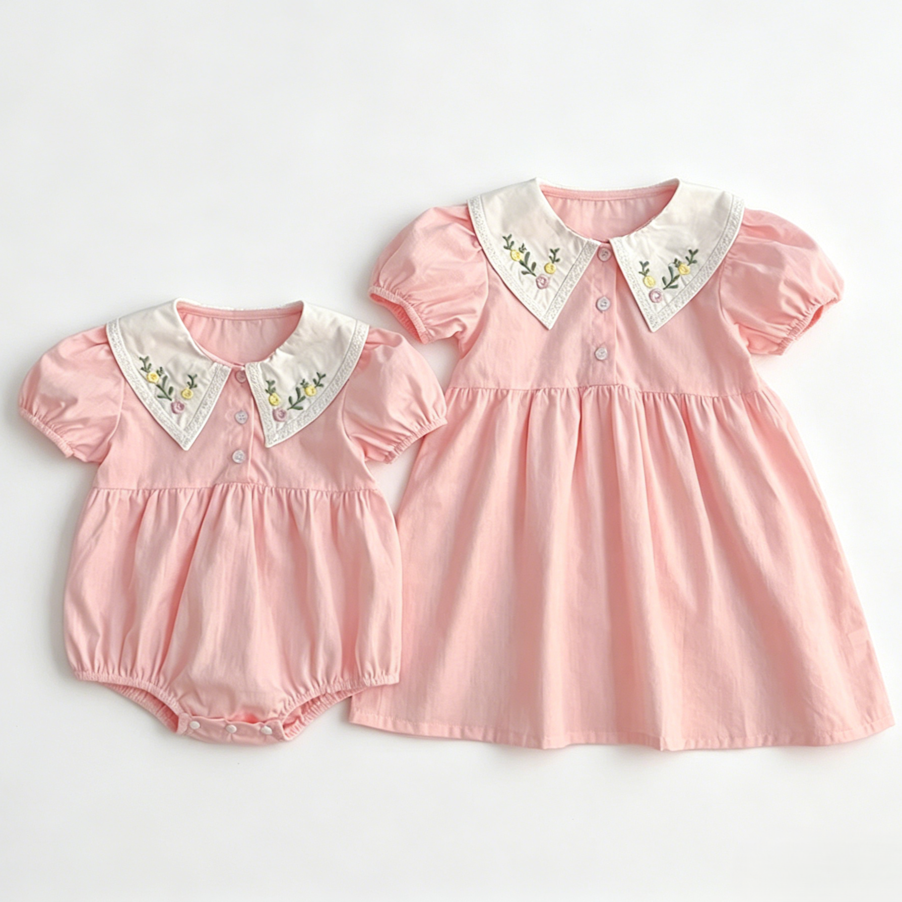 （Pre Order 2 Weeks）Sisters Floral Embroidery Collar Pink Dress&Romper