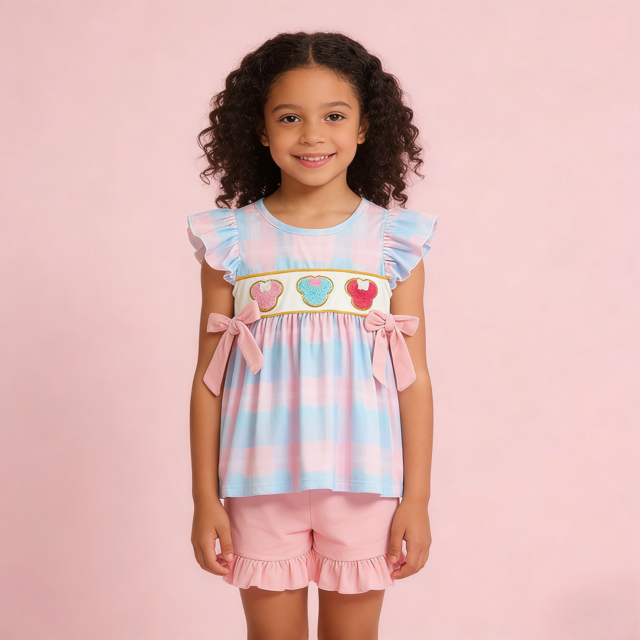 （In Stock）Girls Spring and Summer Cartoon Applique Shorts Set