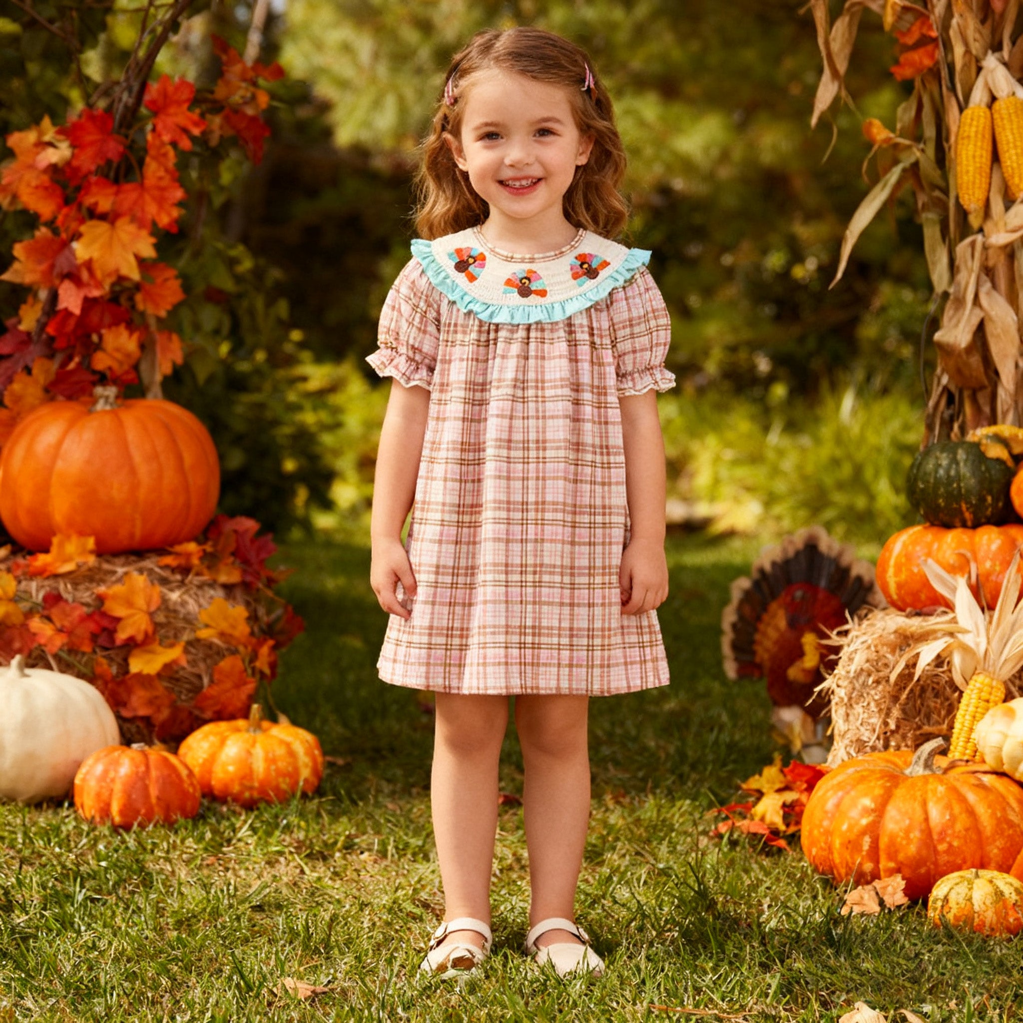 （In Stock）Girls Thanksgiving Turkey Embroidery Smocked Dress