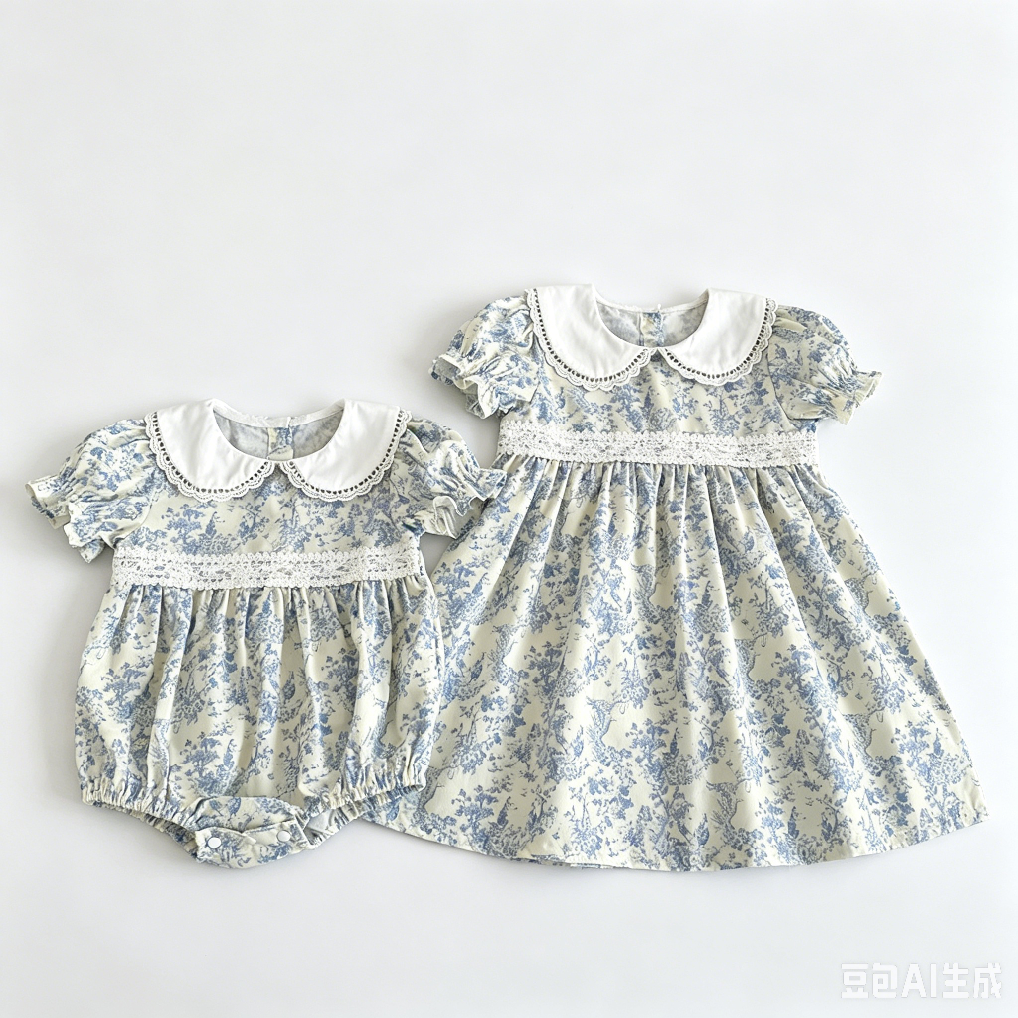 （Pre Order 2 Weeks）Sisters Floral Print Baby Collar Lace Dress&Romper
